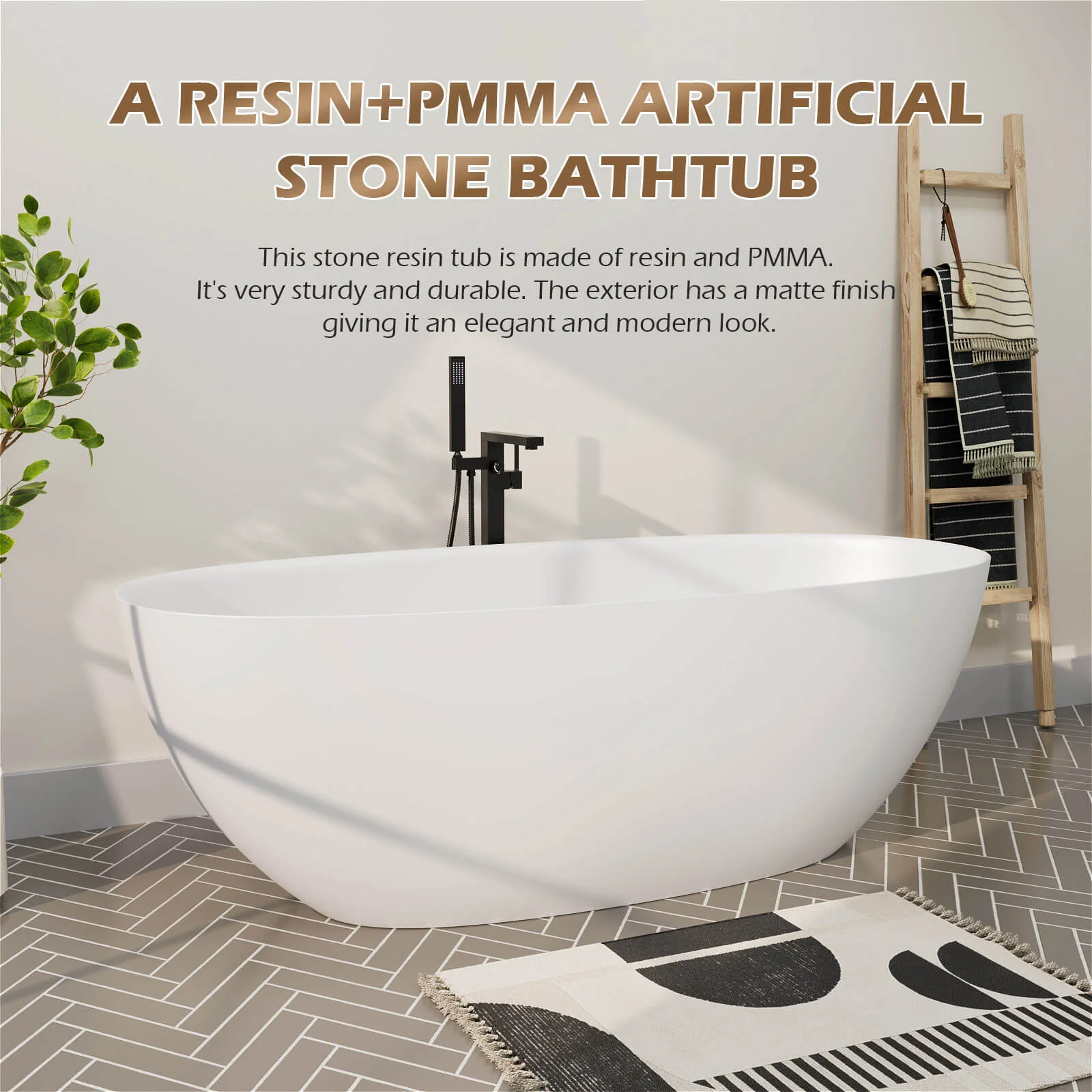 65" Solid Surface Stone Resin Modern Oval Shaped Freestanding Soaking Bathtub with Overflow - Image 21