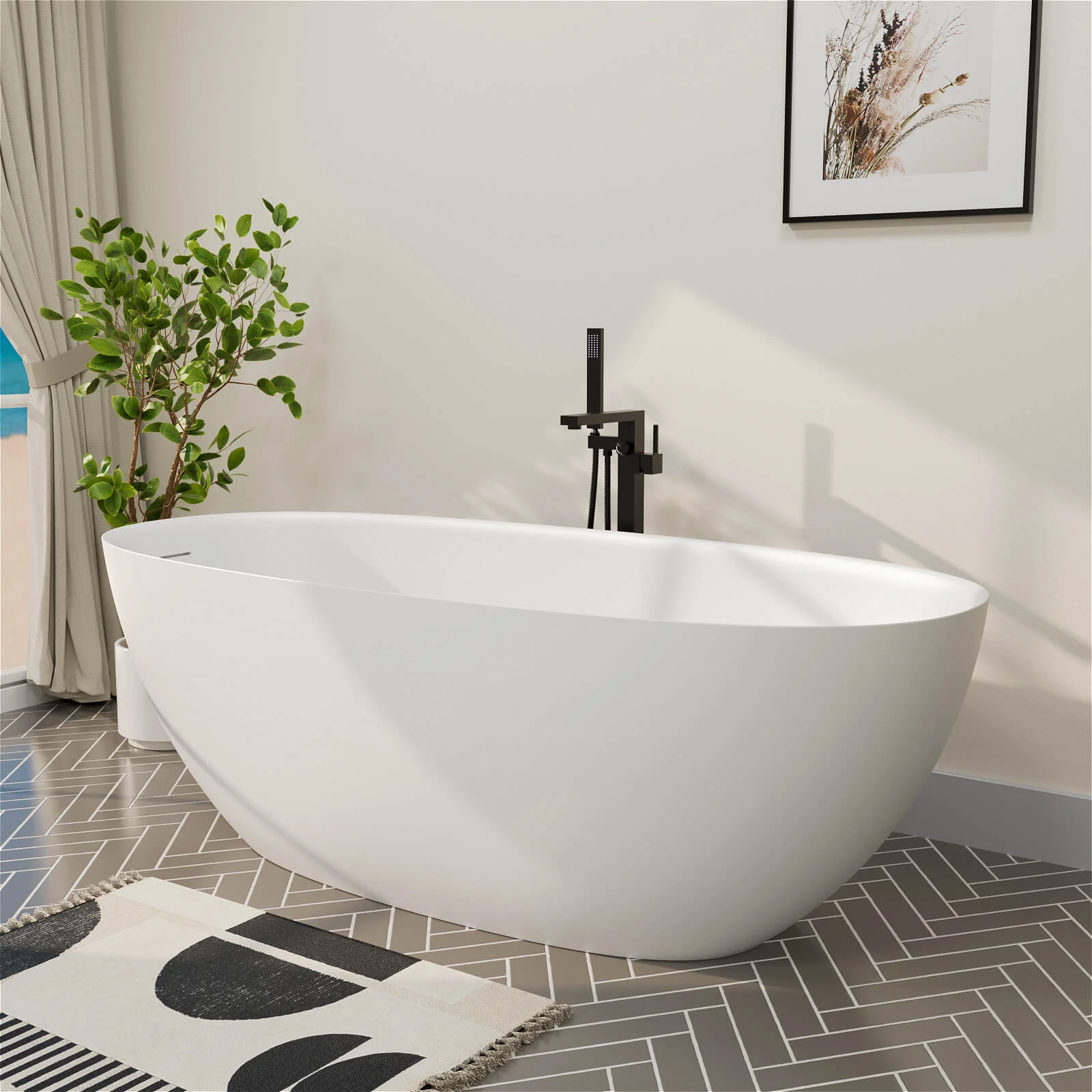 65" Solid Surface Stone Resin Modern Oval Shaped Freestanding Soaking Bathtub with Overflow - Image 28