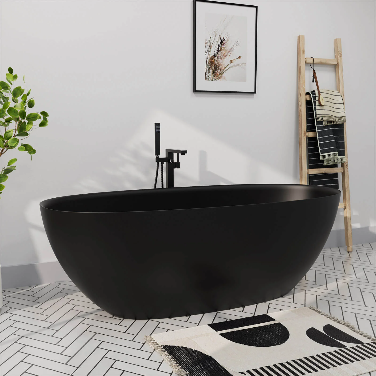65" Solid Surface Stone Resin Modern Oval Shaped Freestanding Soaking Bathtub with Overflow - Image 3