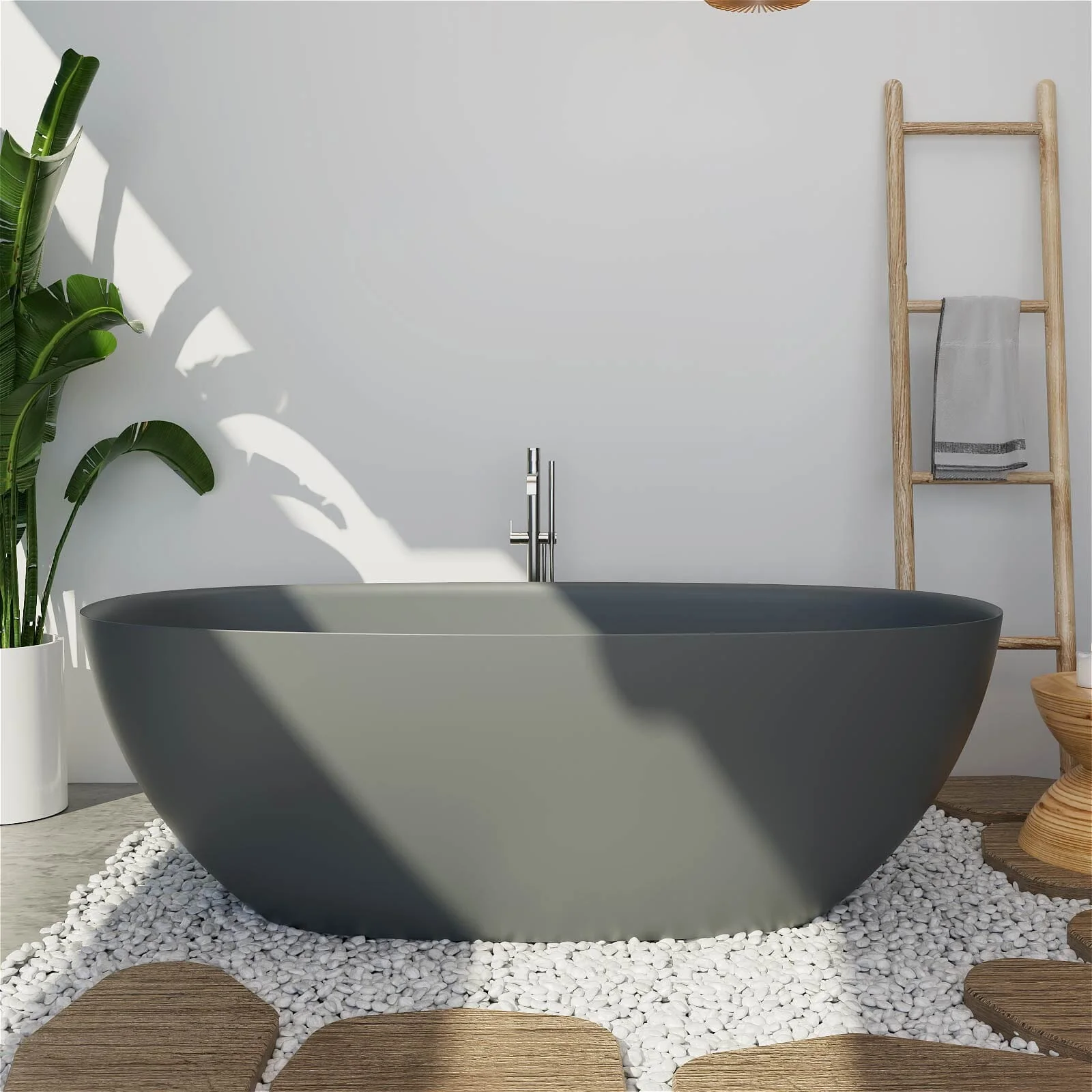 65" Solid Surface Stone Resin Modern Oval Shaped Freestanding Soaking Bathtub with Overflow - Image 30