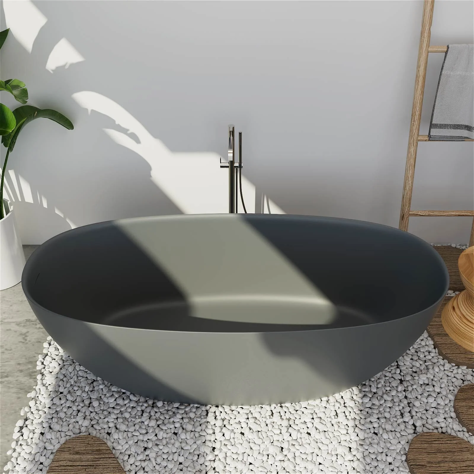 65" Solid Surface Stone Resin Modern Oval Shaped Freestanding Soaking Bathtub with Overflow - Image 32