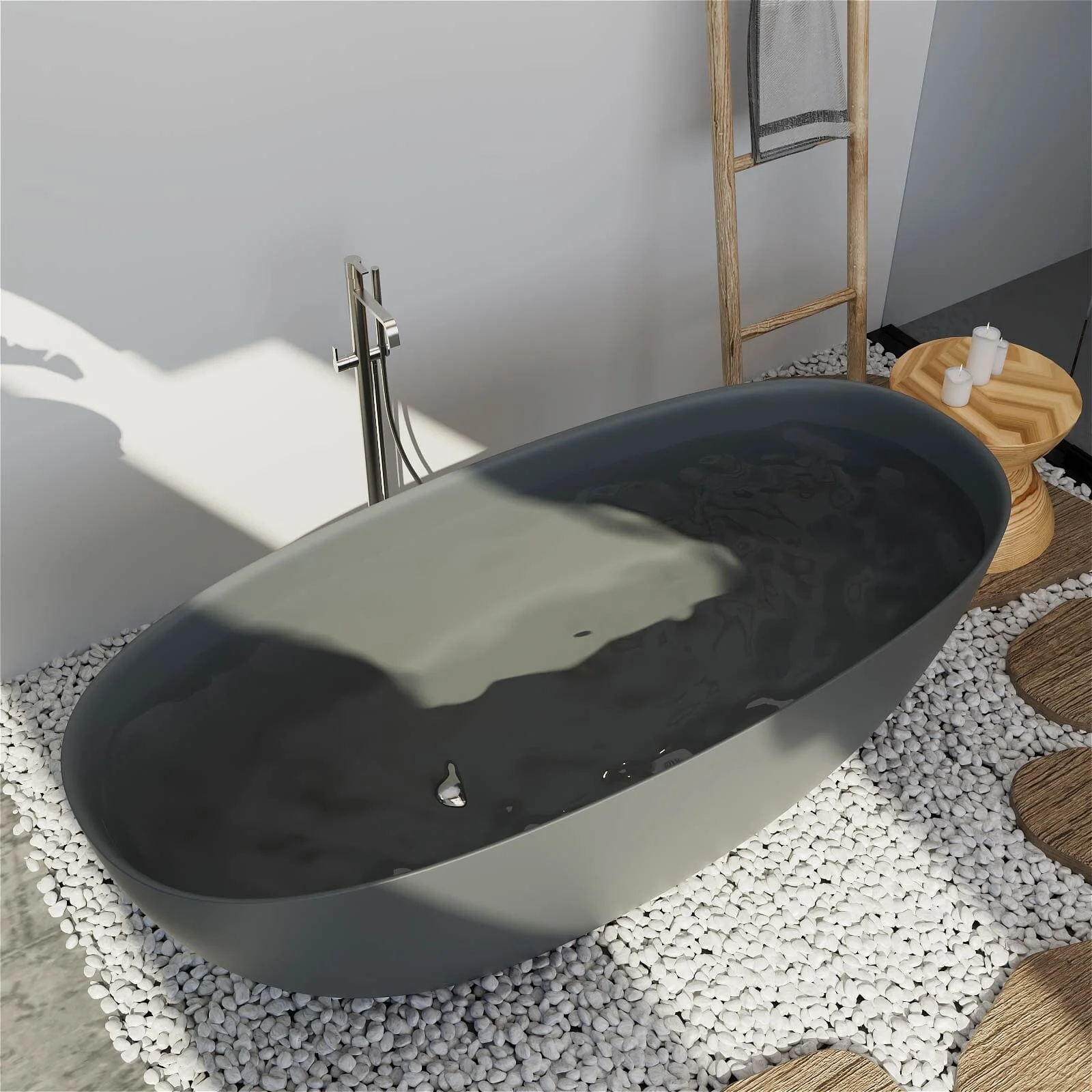 65" Solid Surface Stone Resin Modern Oval Shaped Freestanding Soaking Bathtub with Overflow - Image 33
