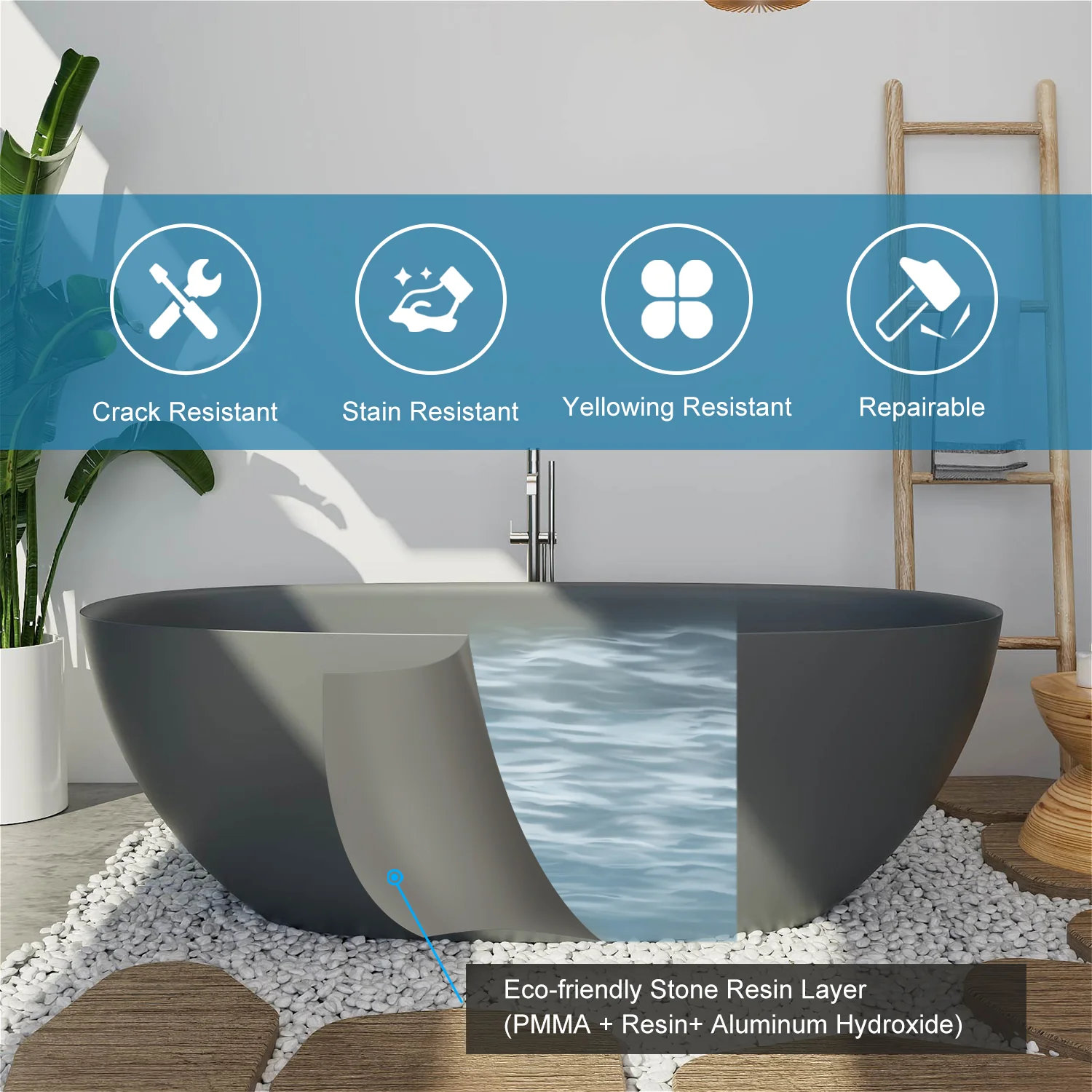 65" Solid Surface Stone Resin Modern Oval Shaped Freestanding Soaking Bathtub with Overflow - Image 34