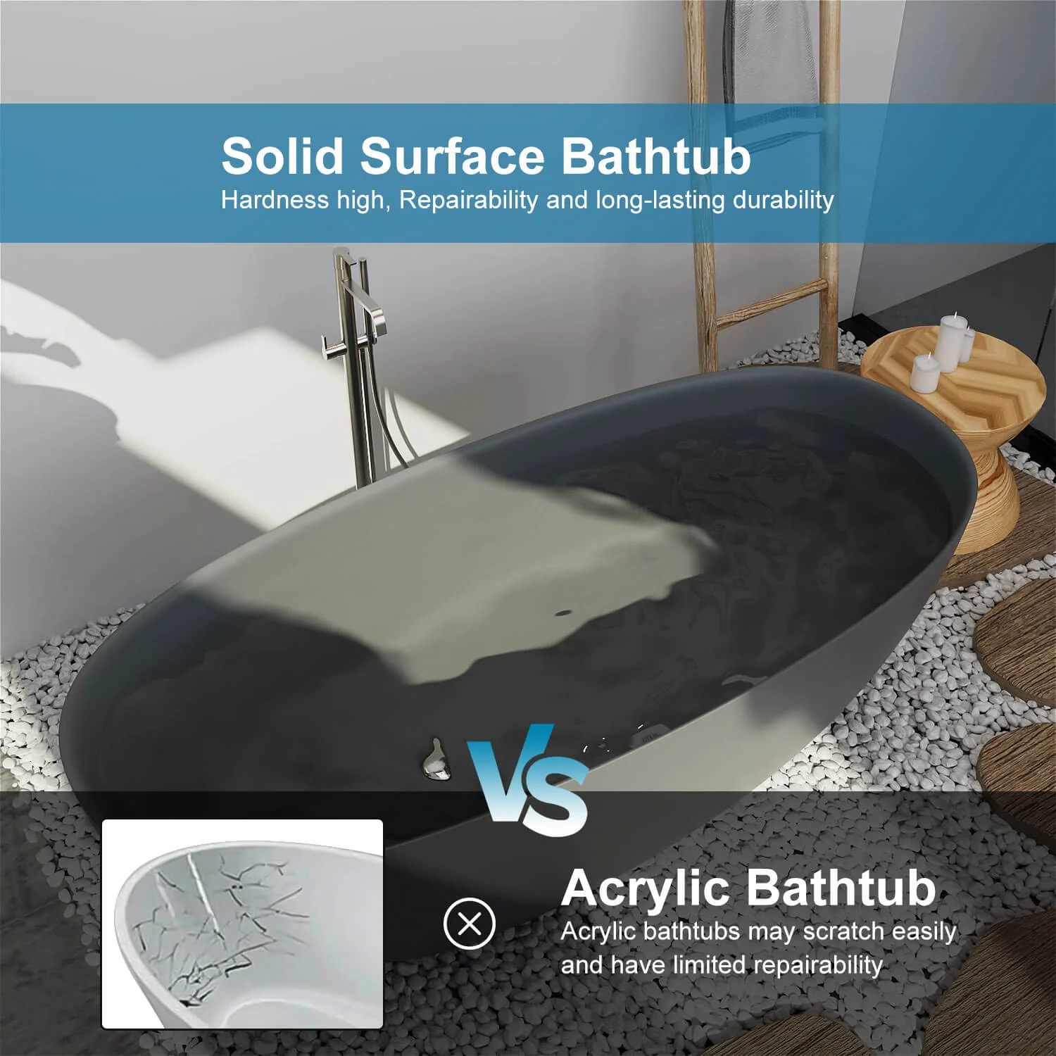 65" Solid Surface Stone Resin Modern Oval Shaped Freestanding Soaking Bathtub with Overflow - Image 35