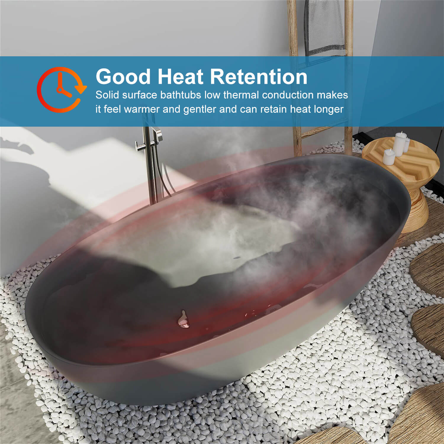 65" Solid Surface Stone Resin Modern Oval Shaped Freestanding Soaking Bathtub with Overflow - Image 37