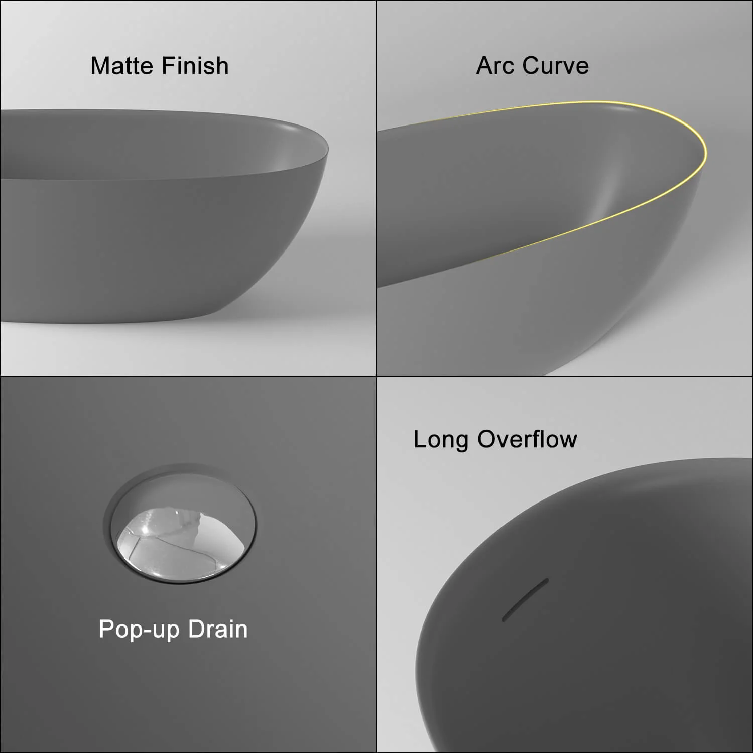 65" Solid Surface Stone Resin Modern Oval Shaped Freestanding Soaking Bathtub with Overflow - Image 38