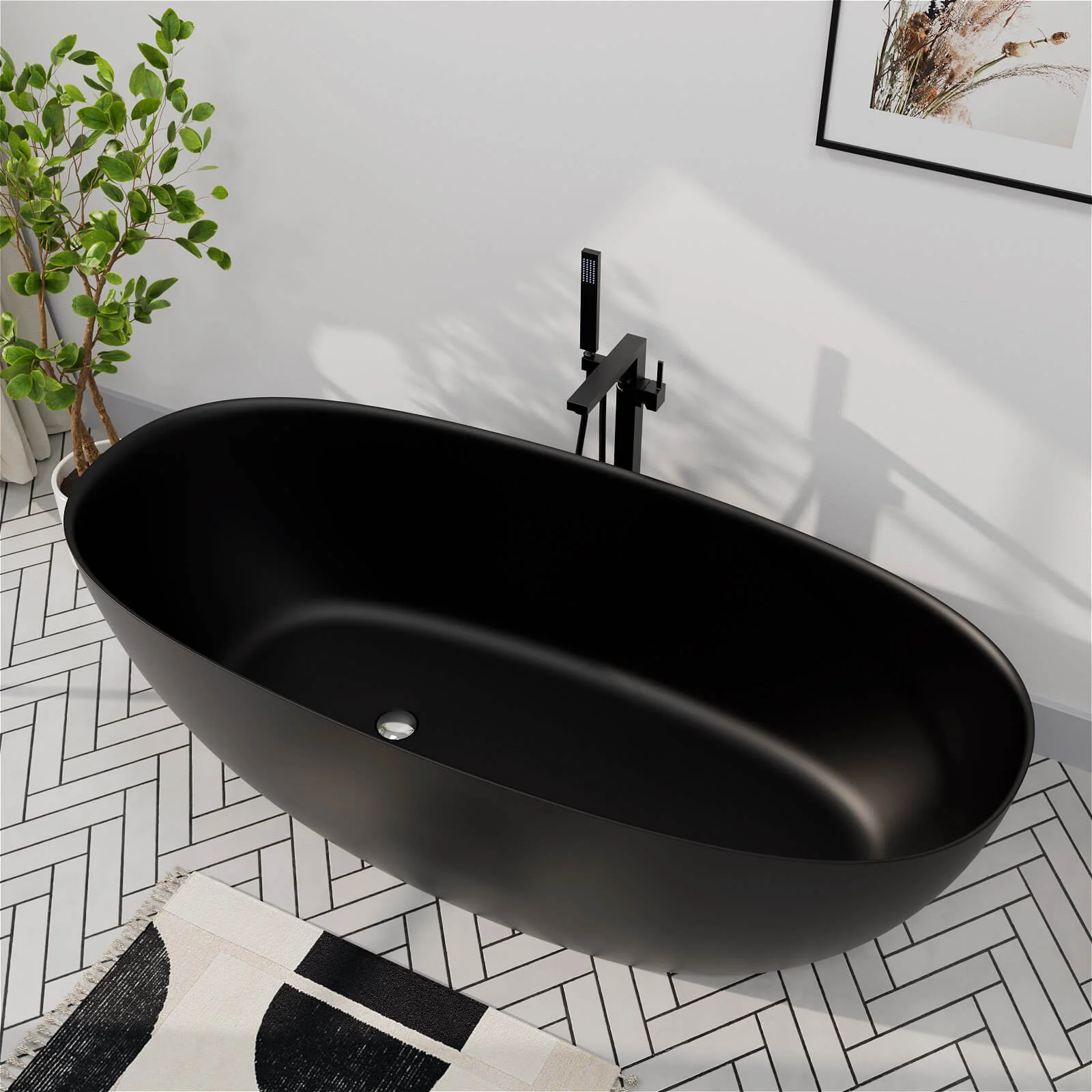 65" Solid Surface Stone Resin Modern Oval Shaped Freestanding Soaking Bathtub with Overflow - Image 4