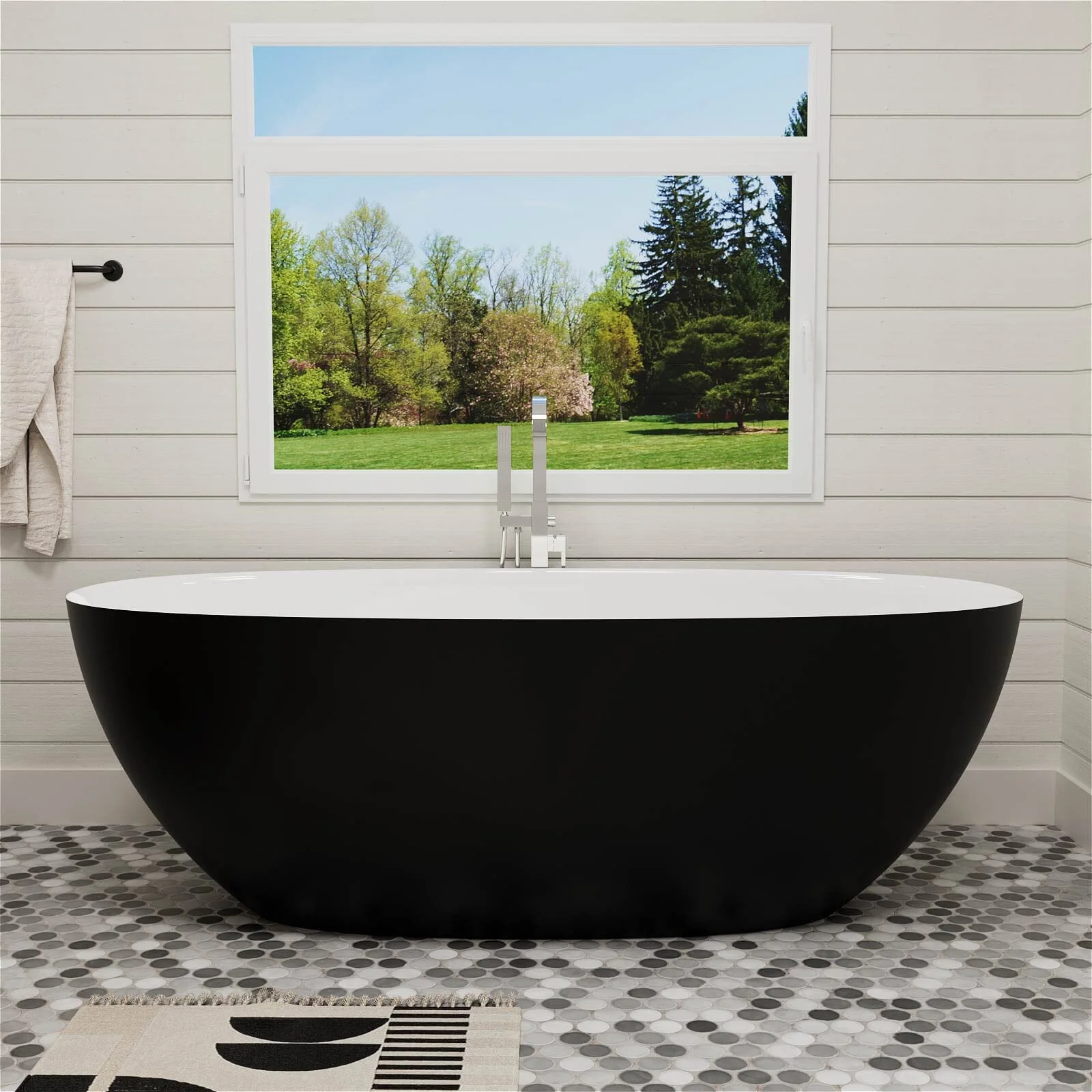 65" Solid Surface Stone Resin Modern Oval Shaped Freestanding Soaking Bathtub with Overflow - Image 40