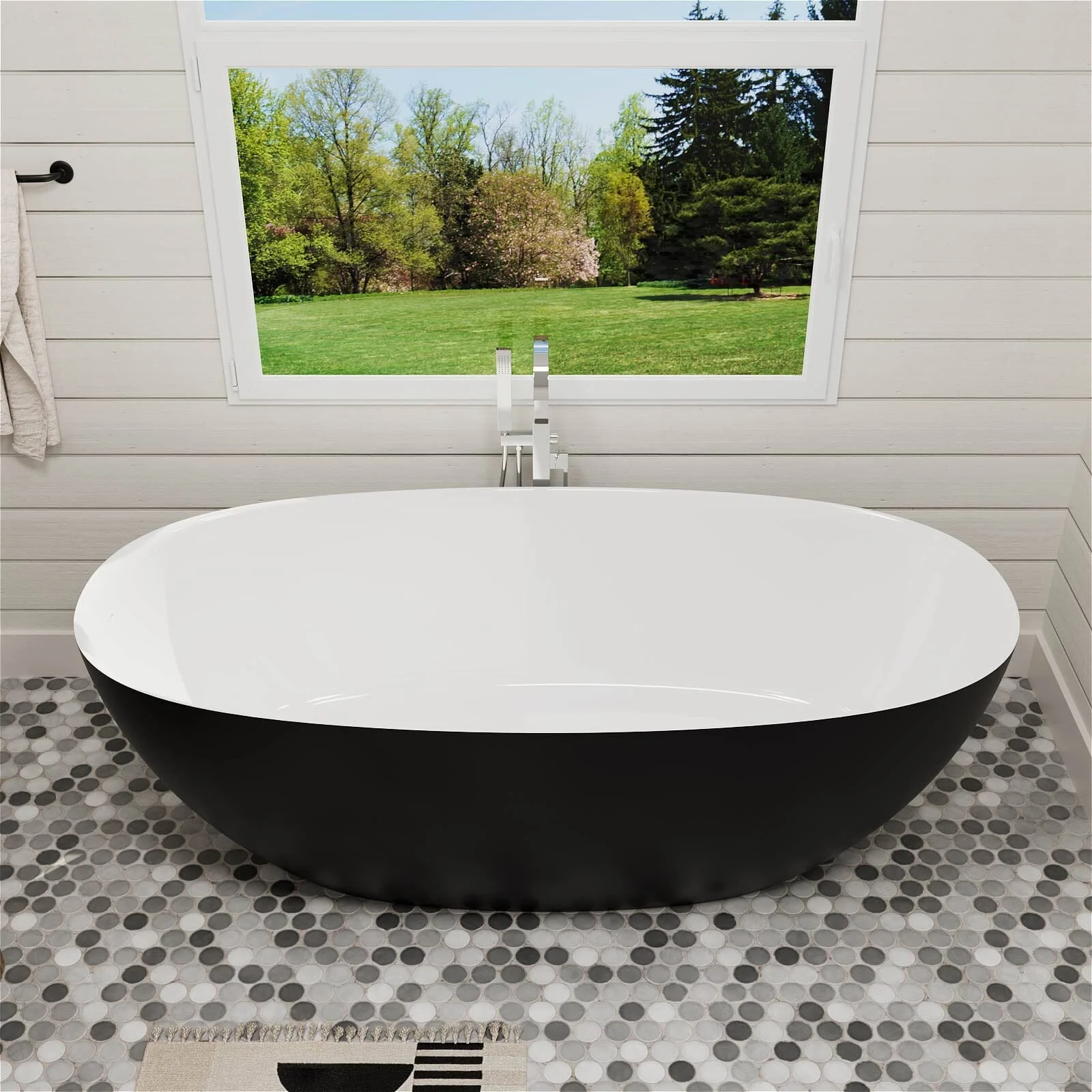 65" Solid Surface Stone Resin Modern Oval Shaped Freestanding Soaking Bathtub with Overflow - Image 41