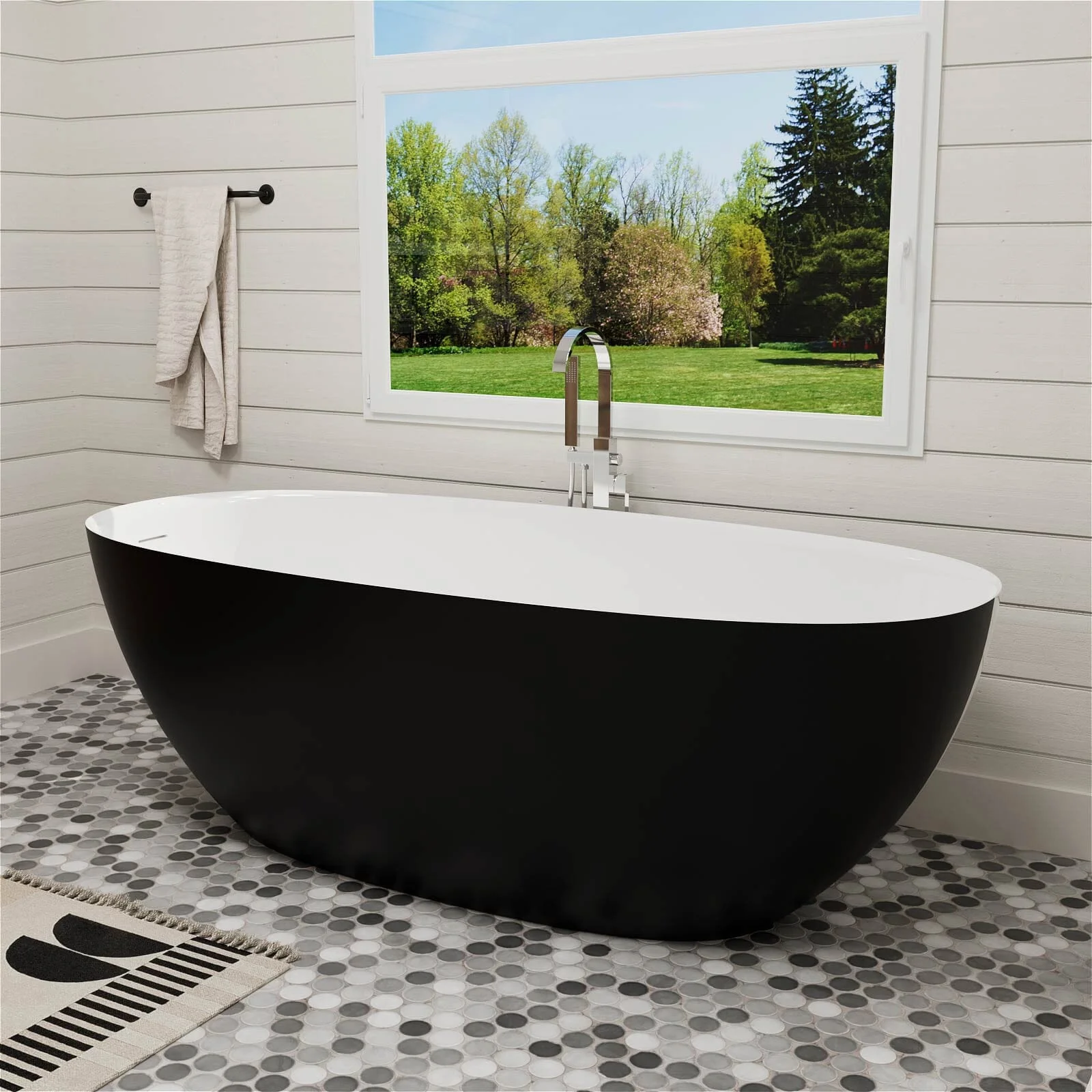 65" Solid Surface Stone Resin Modern Oval Shaped Freestanding Soaking Bathtub with Overflow - Image 42