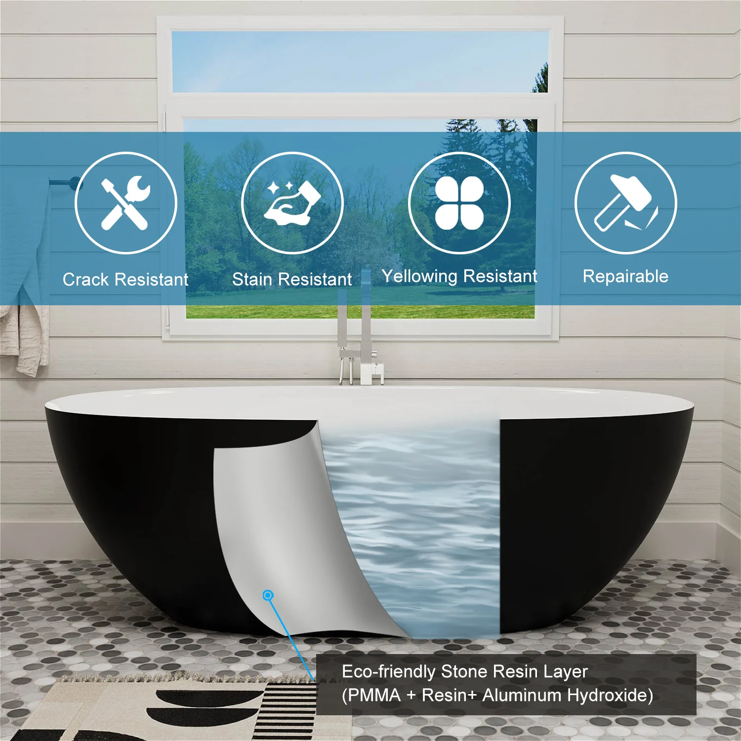 65" Solid Surface Stone Resin Modern Oval Shaped Freestanding Soaking Bathtub with Overflow - Image 44