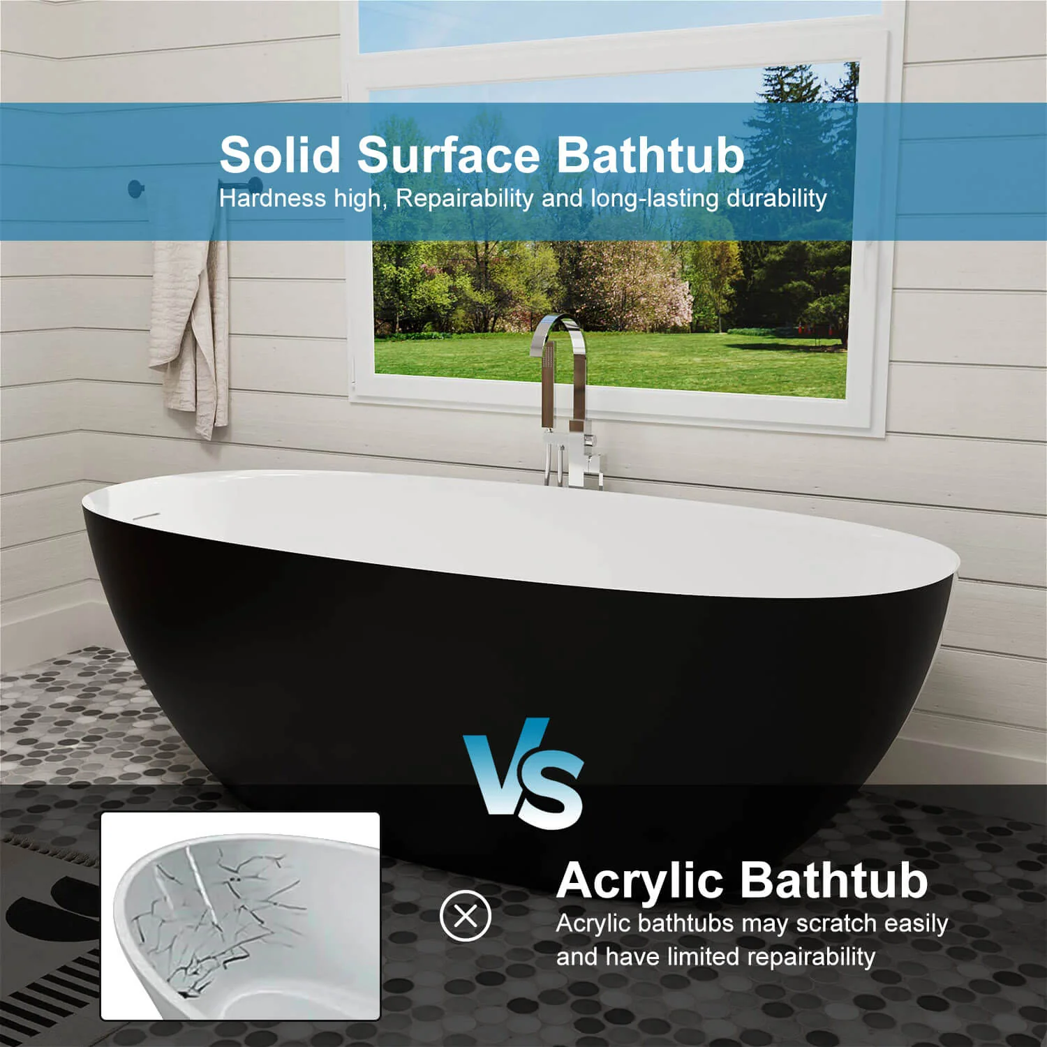 65" Solid Surface Stone Resin Modern Oval Shaped Freestanding Soaking Bathtub with Overflow - Image 45