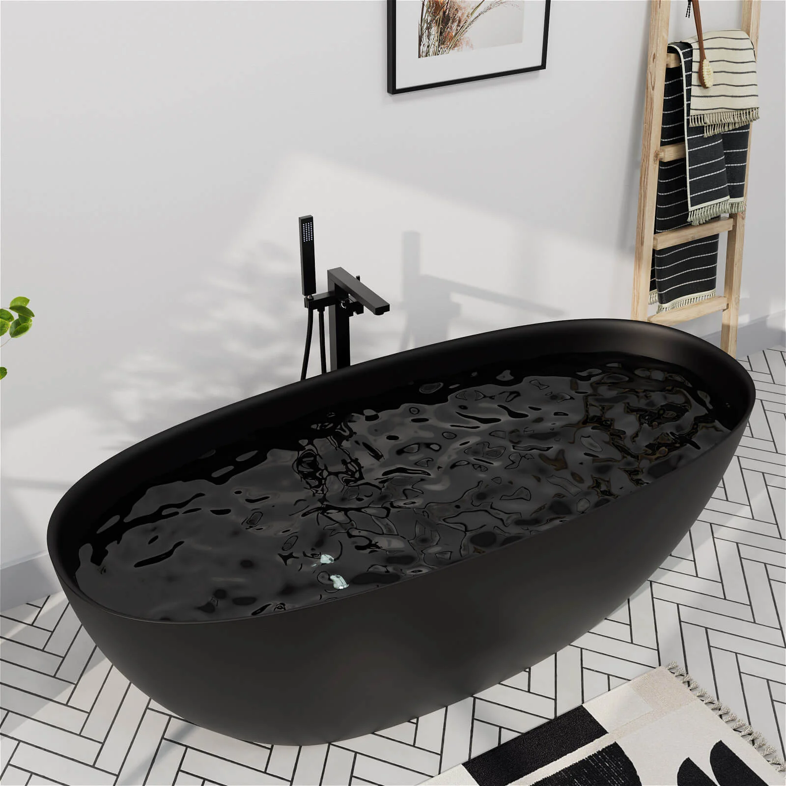 65" Solid Surface Stone Resin Modern Oval Shaped Freestanding Soaking Bathtub with Overflow - Image 5