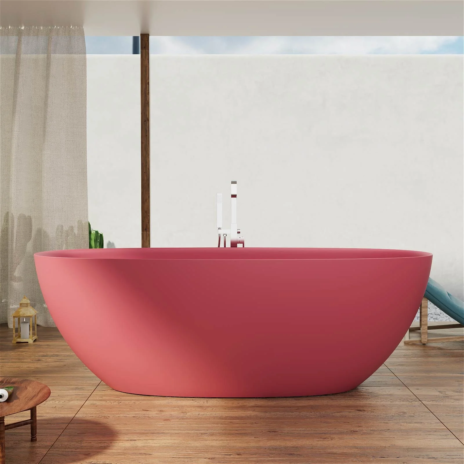 65" Solid Surface Stone Resin Modern Oval Shaped Freestanding Soaking Bathtub with Overflow - Image 51