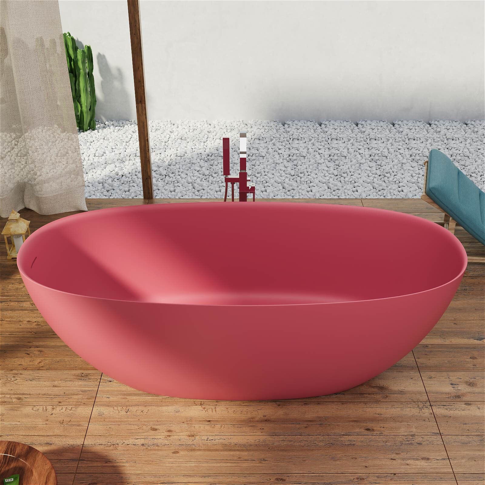 65" Solid Surface Stone Resin Modern Oval Shaped Freestanding Soaking Bathtub with Overflow - Image 52