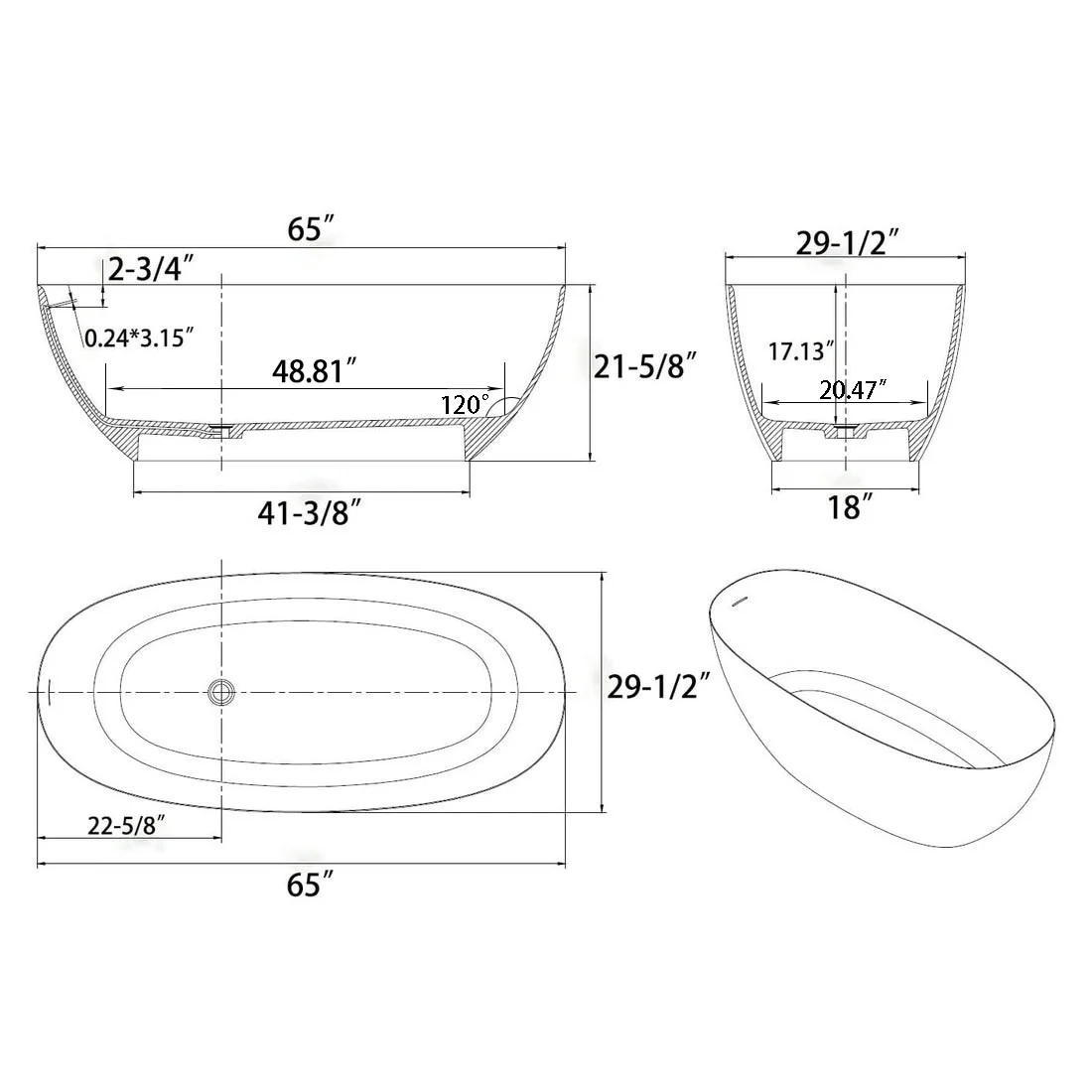 65" Solid Surface Stone Resin Modern Oval Shaped Freestanding Soaking Bathtub with Overflow - Image 55