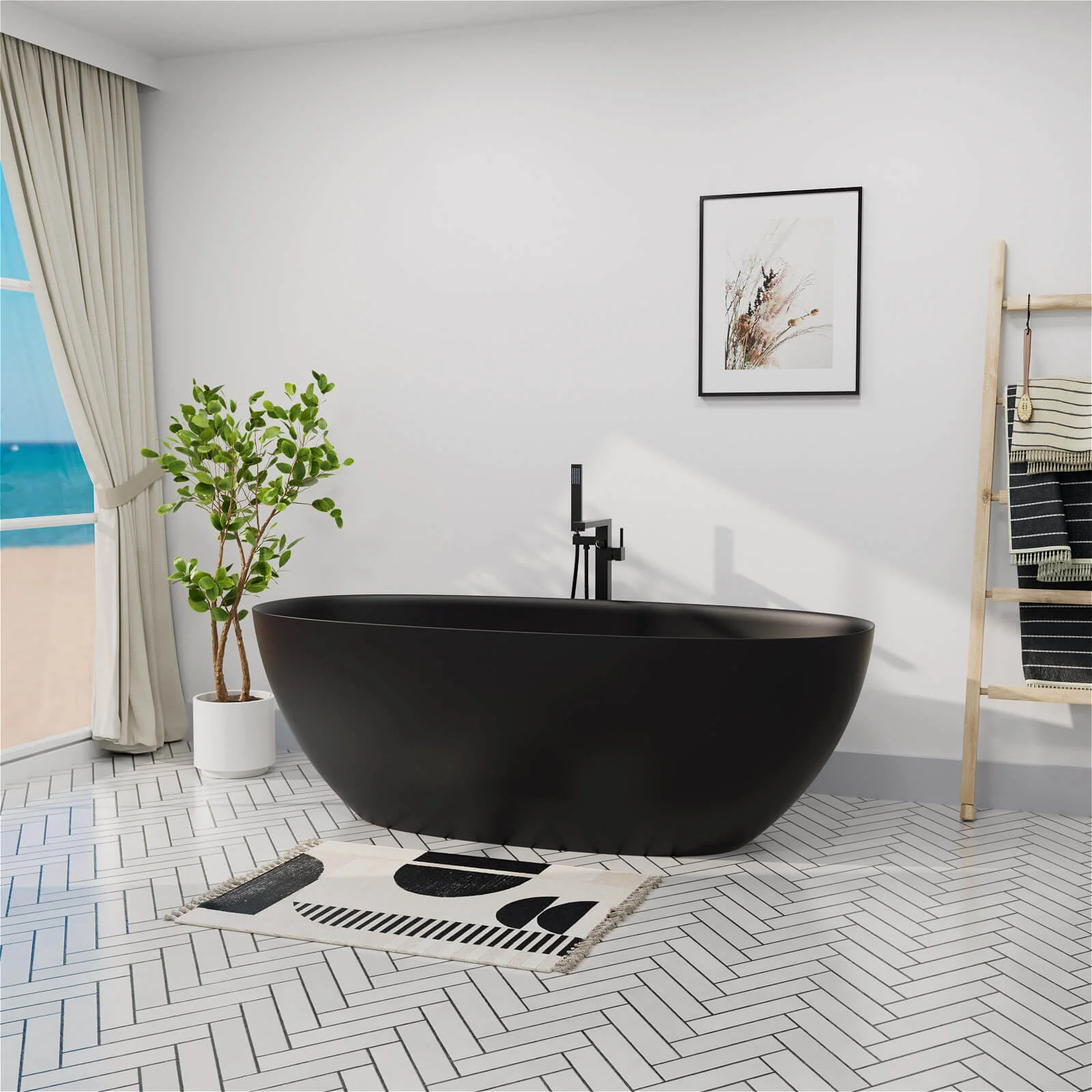 65" Solid Surface Stone Resin Modern Oval Shaped Freestanding Soaking Bathtub with Overflow - Image 6
