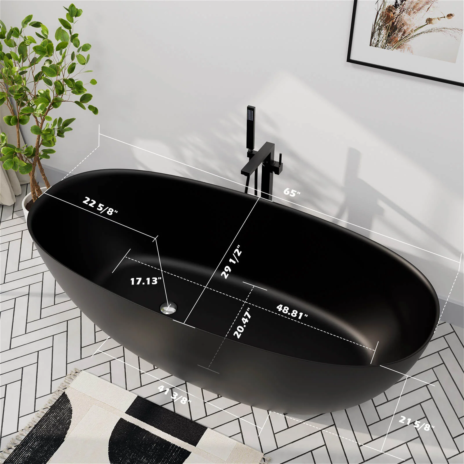 65" Solid Surface Stone Resin Modern Oval Shaped Freestanding Soaking Bathtub with Overflow - Image 7