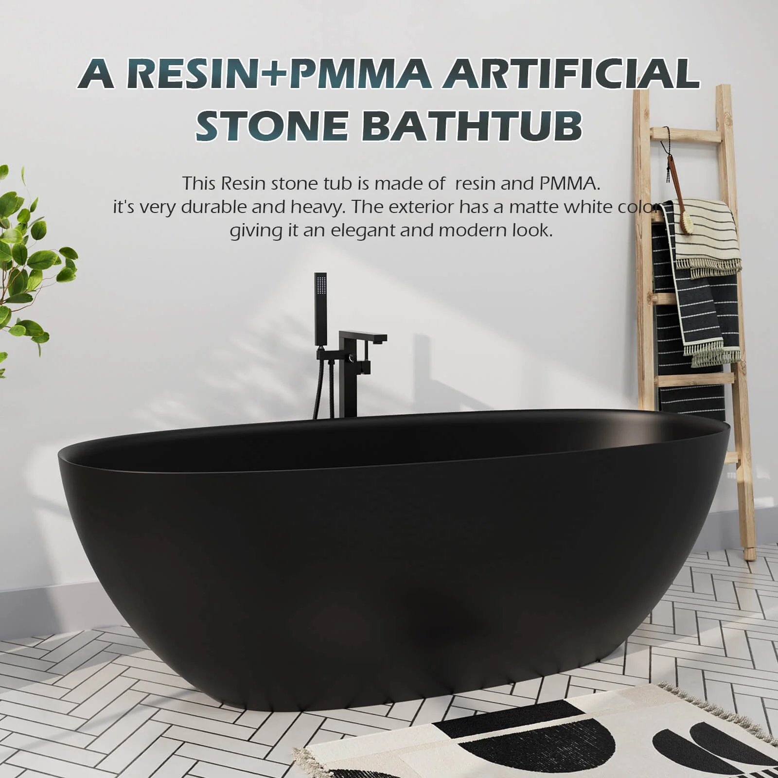 65" Solid Surface Stone Resin Modern Oval Shaped Freestanding Soaking Bathtub with Overflow - Image 8