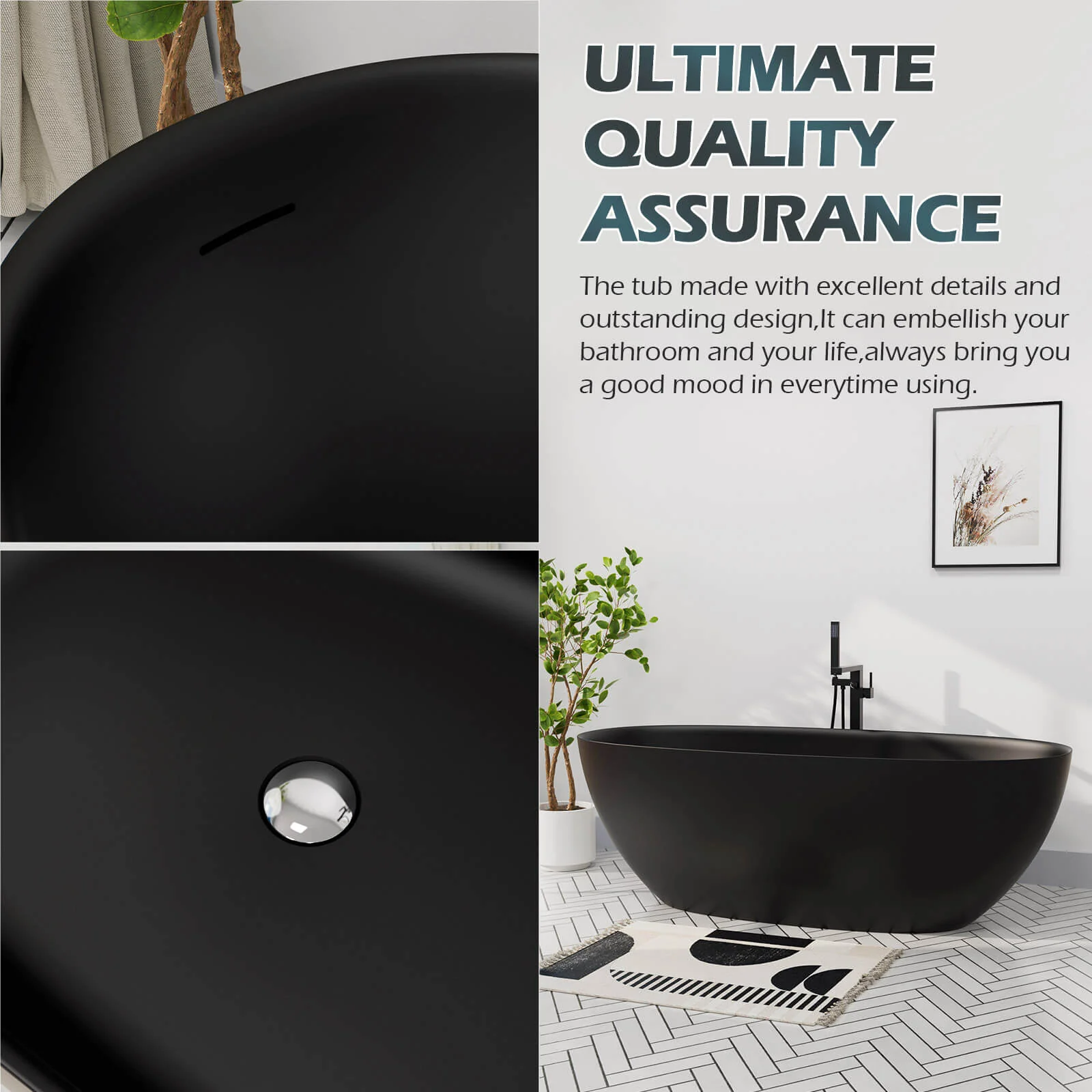 65" Solid Surface Stone Resin Modern Oval Shaped Freestanding Soaking Bathtub with Overflow - Image 9
