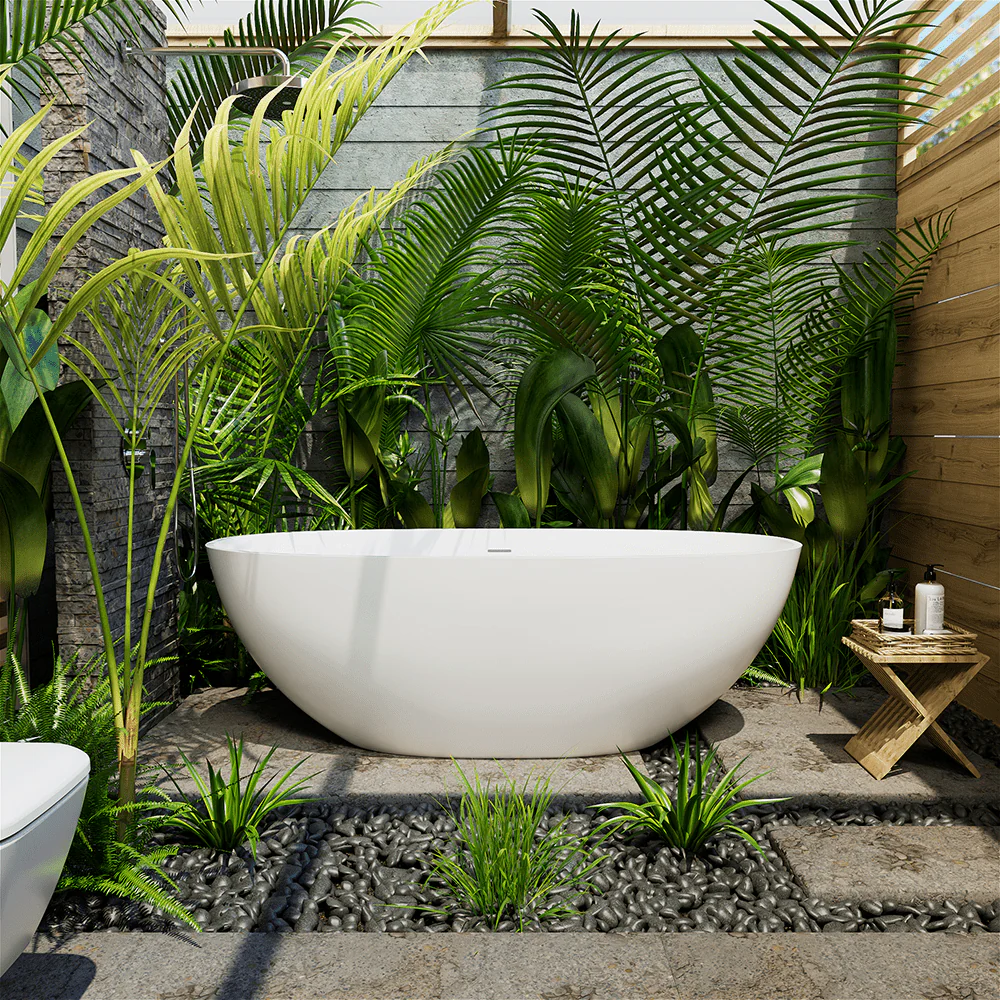 65" Solid Surface Stone Resin Oval-shaped Freestanding Soaking Bathtub with Overflow - Image 10