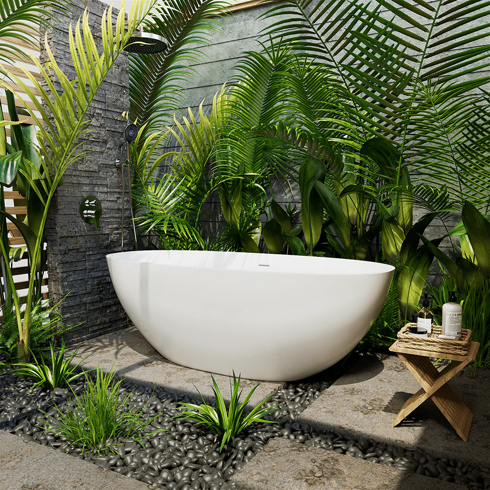 65" Solid Surface Stone Resin Oval-shaped Freestanding Soaking Bathtub with Overflow - Image 11