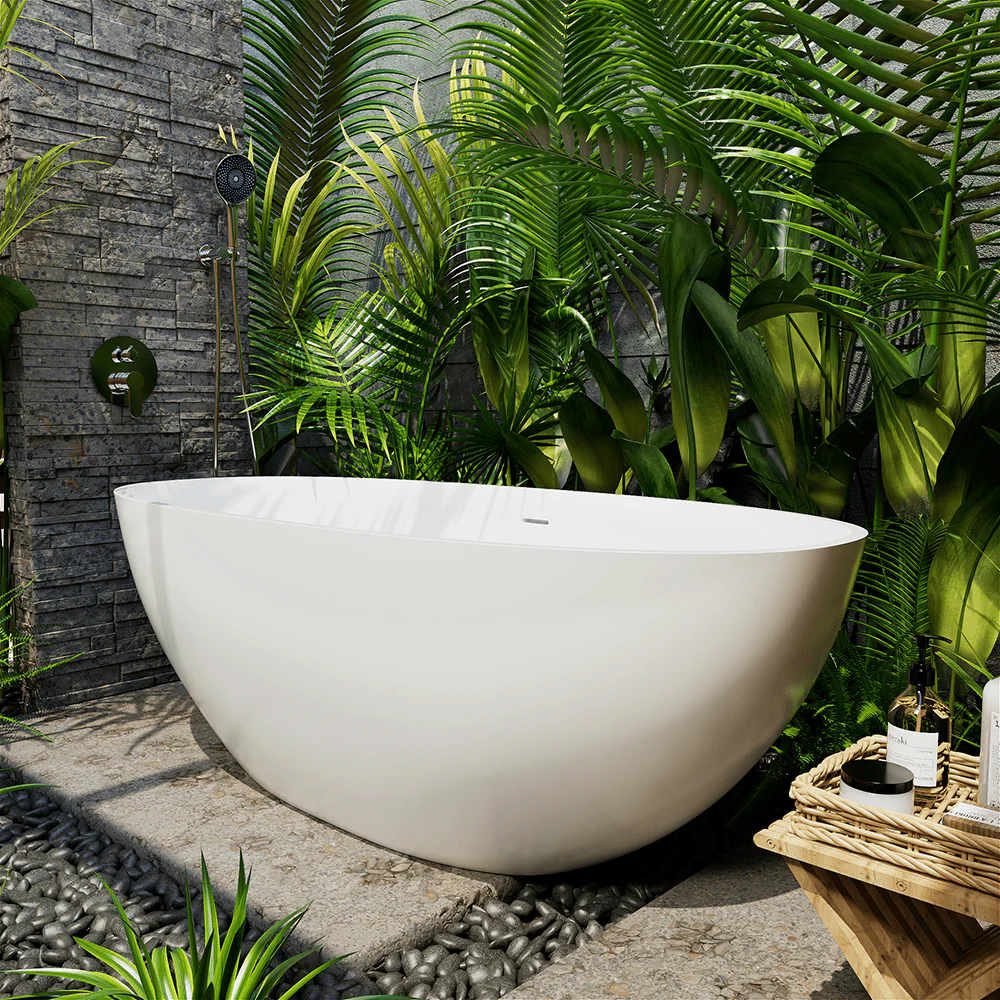 65" Solid Surface Stone Resin Oval-shaped Freestanding Soaking Bathtub with Overflow - Image 12