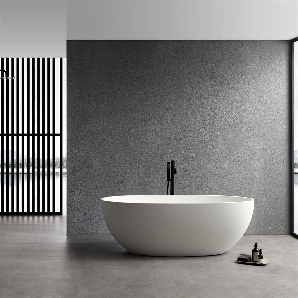 65" Solid Surface Stone Resin Oval-shaped Freestanding Soaking Bathtub with Overflow - Image 13