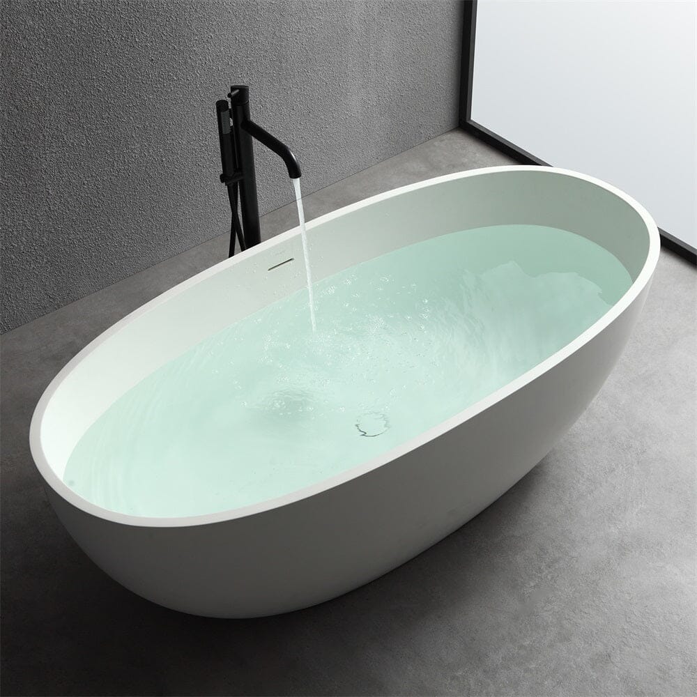 65" Solid Surface Stone Resin Oval-shaped Freestanding Soaking Bathtub with Overflow - Image 14