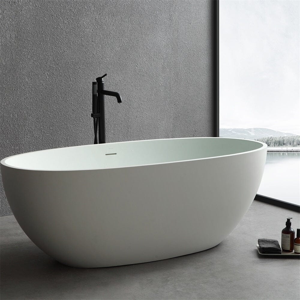 65" Solid Surface Stone Resin Oval-shaped Freestanding Soaking Bathtub with Overflow - Image 16