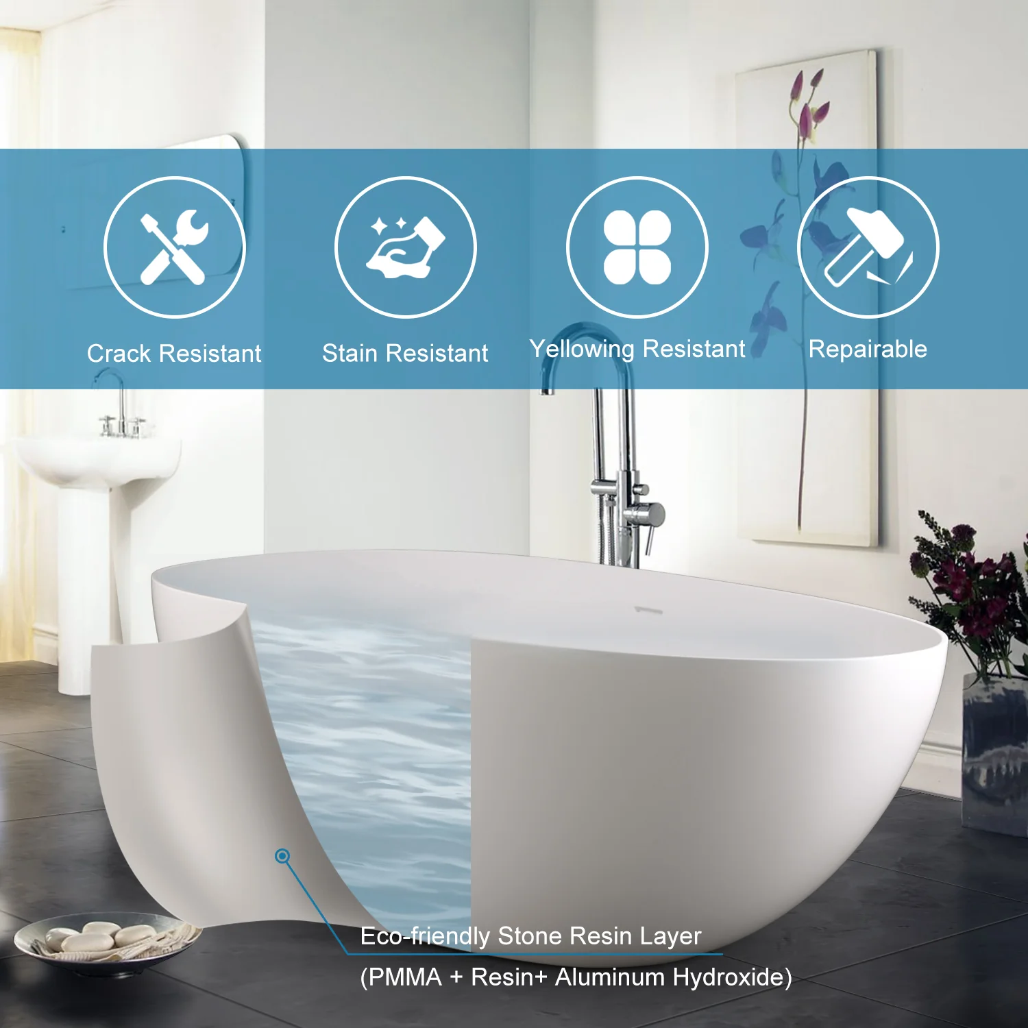 65" Solid Surface Stone Resin Oval-shaped Freestanding Soaking Bathtub with Overflow - Image 17