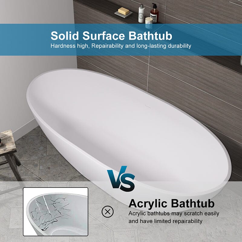 65" Solid Surface Stone Resin Oval-shaped Freestanding Soaking Bathtub with Overflow - Image 18