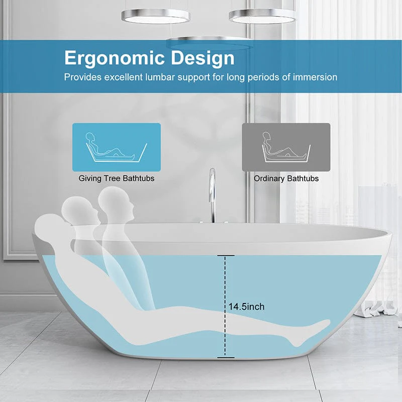 65" Solid Surface Stone Resin Oval-shaped Freestanding Soaking Bathtub with Overflow - Image 19