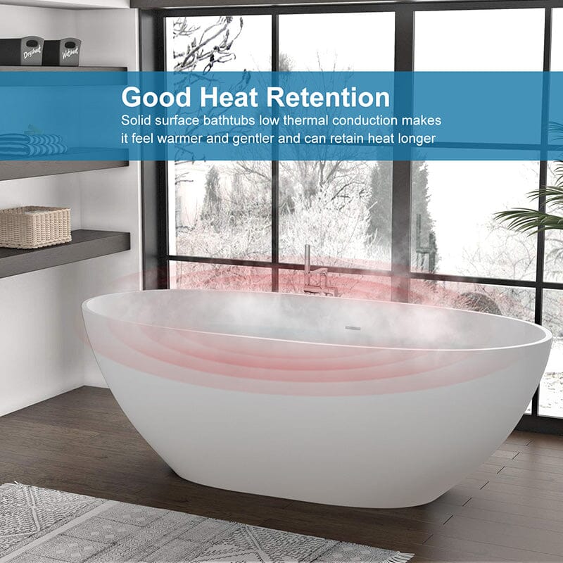 65" Solid Surface Stone Resin Oval-shaped Freestanding Soaking Bathtub with Overflow - Image 20