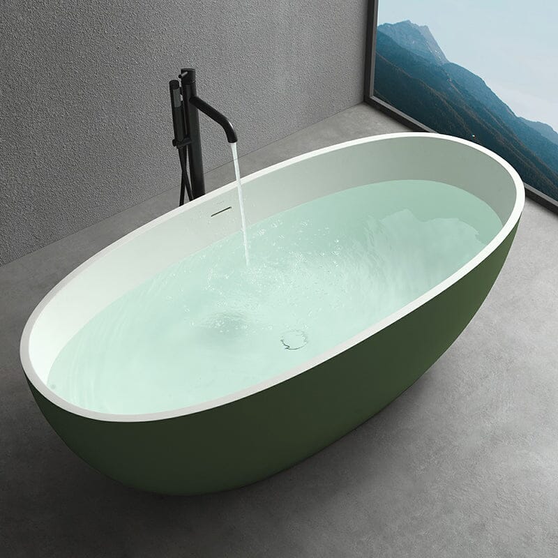 65" Solid Surface Stone Resin Oval-shaped Freestanding Soaking Bathtub with Overflow - Image 3