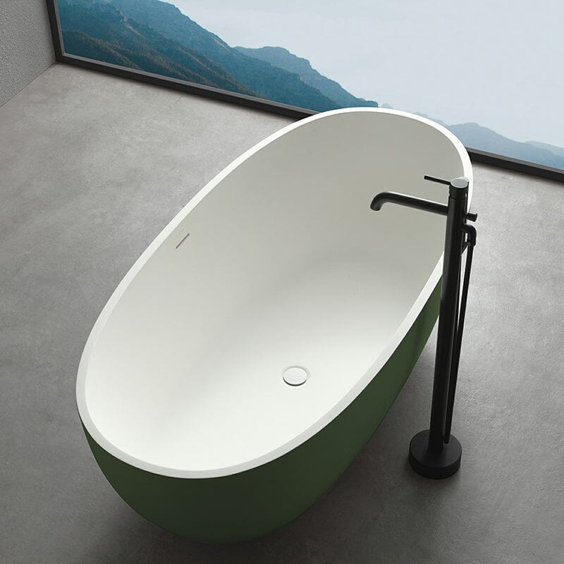65" Solid Surface Stone Resin Oval-shaped Freestanding Soaking Bathtub with Overflow - Image 4