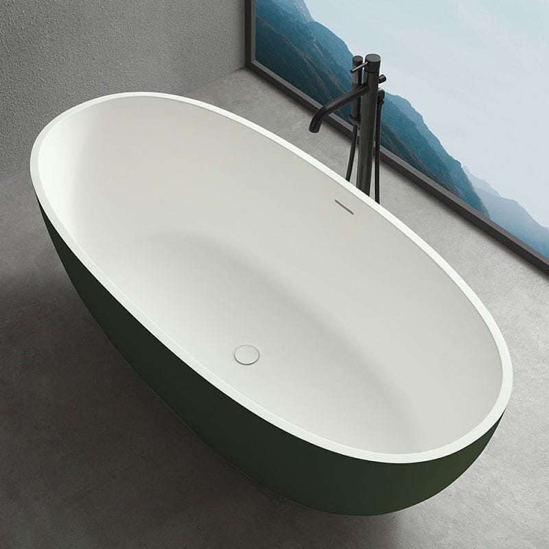 65" Solid Surface Stone Resin Oval-shaped Freestanding Soaking Bathtub with Overflow - Image 5