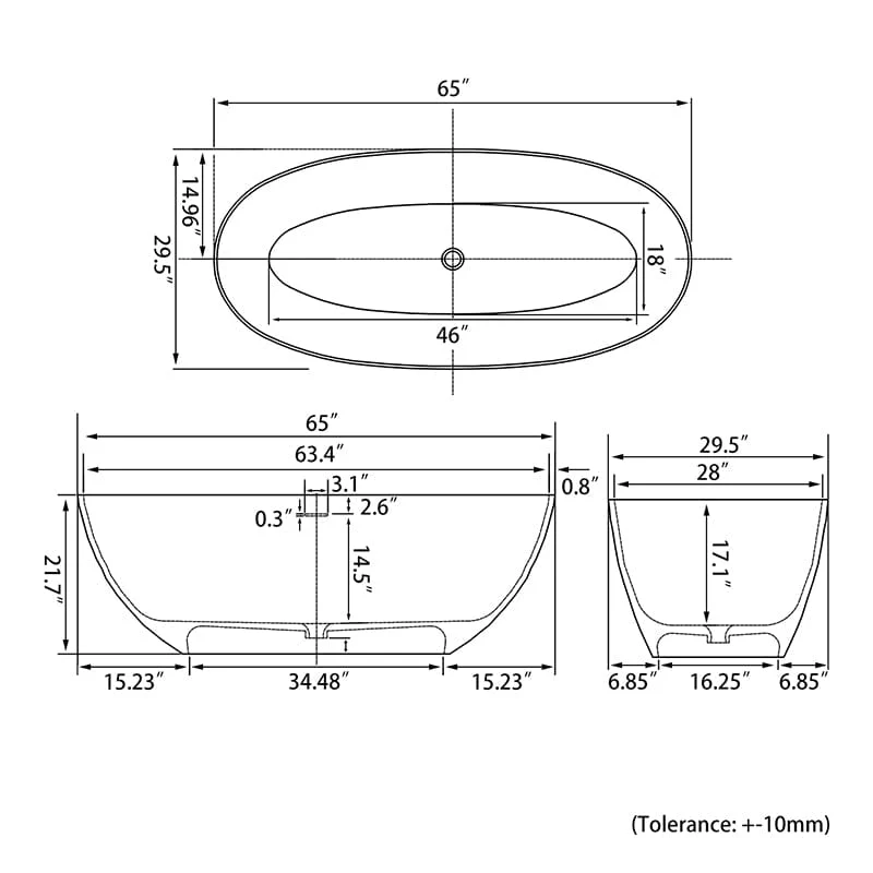 65" Solid Surface Stone Resin Oval-shaped Freestanding Soaking Bathtub with Overflow - Image 8