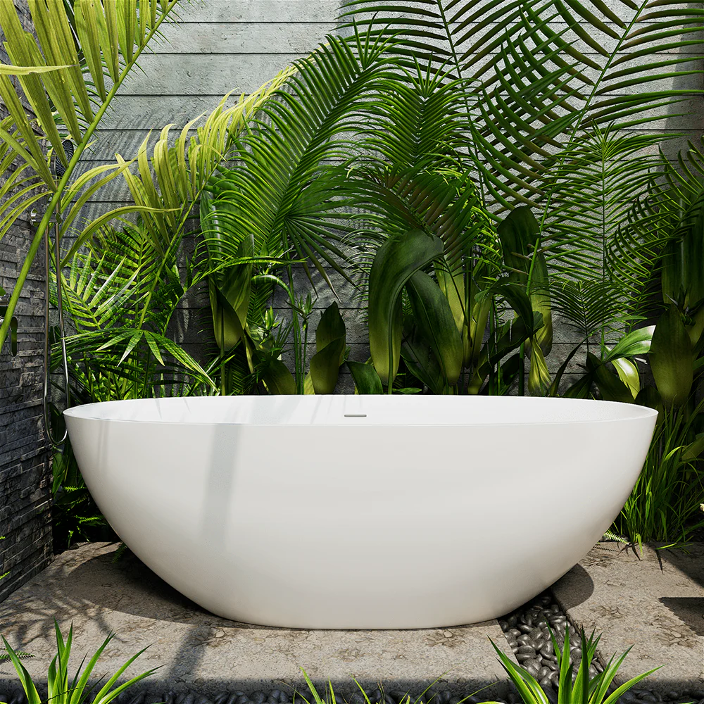 65" Solid Surface Stone Resin Oval-shaped Freestanding Soaking Bathtub with Overflow - Image 9