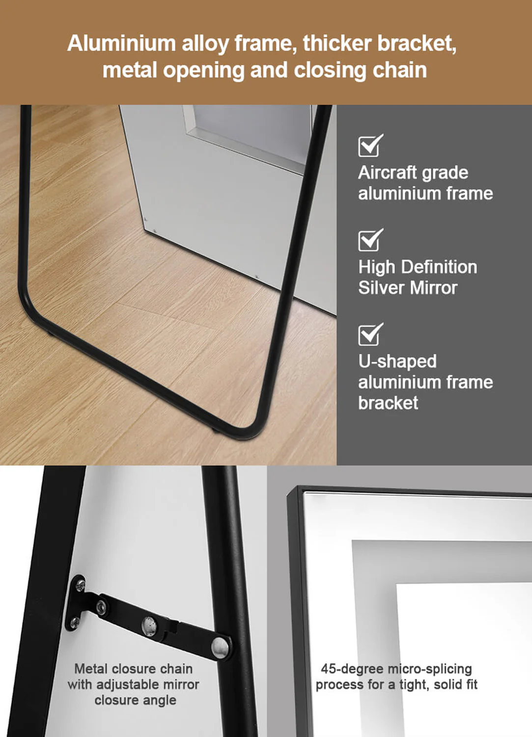 65"x21" Full Length LED Floor Mirror with 3-Color Dimmable Lights - Image 12