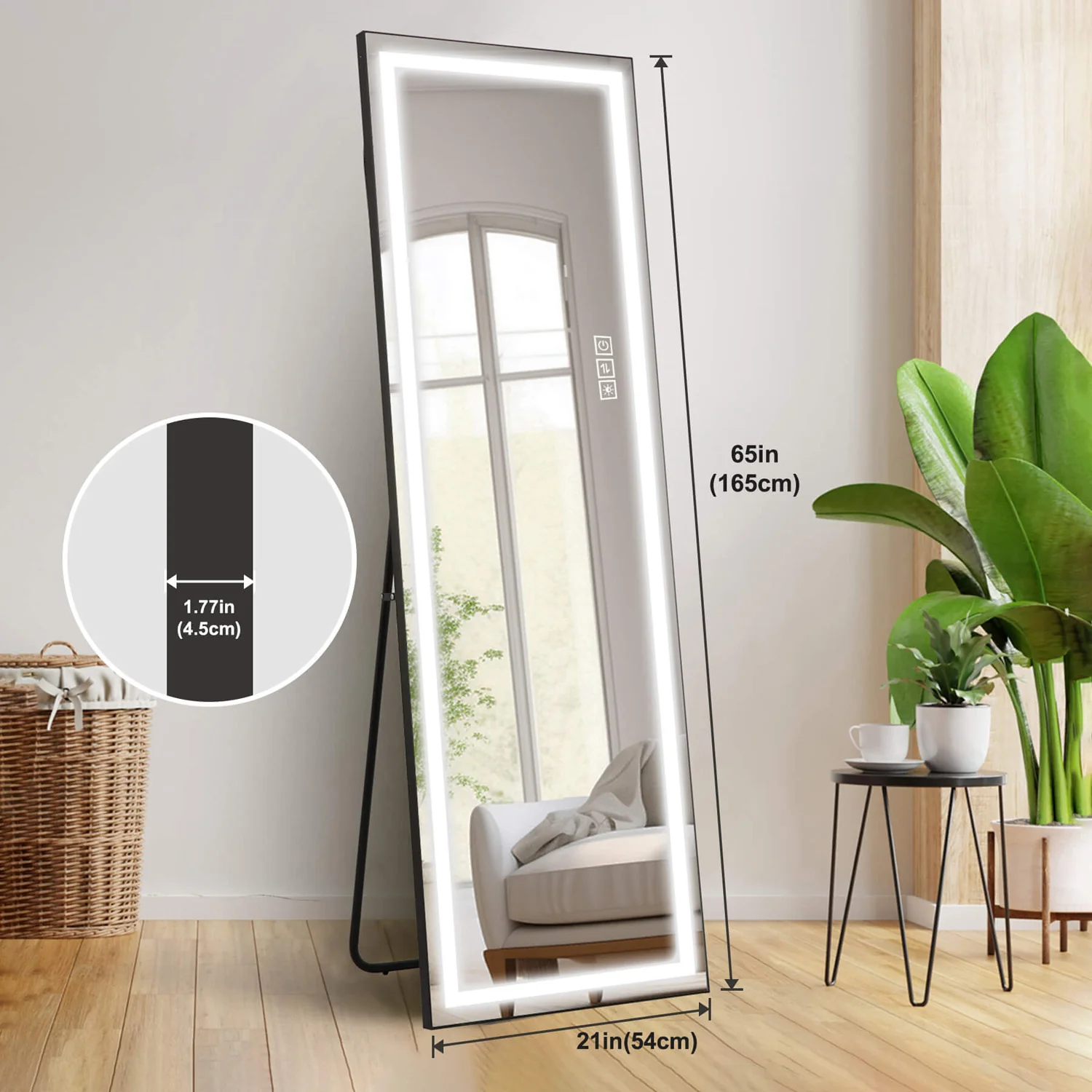 65"x21" Full Length LED Floor Mirror with 3-Color Dimmable Lights - Image 5