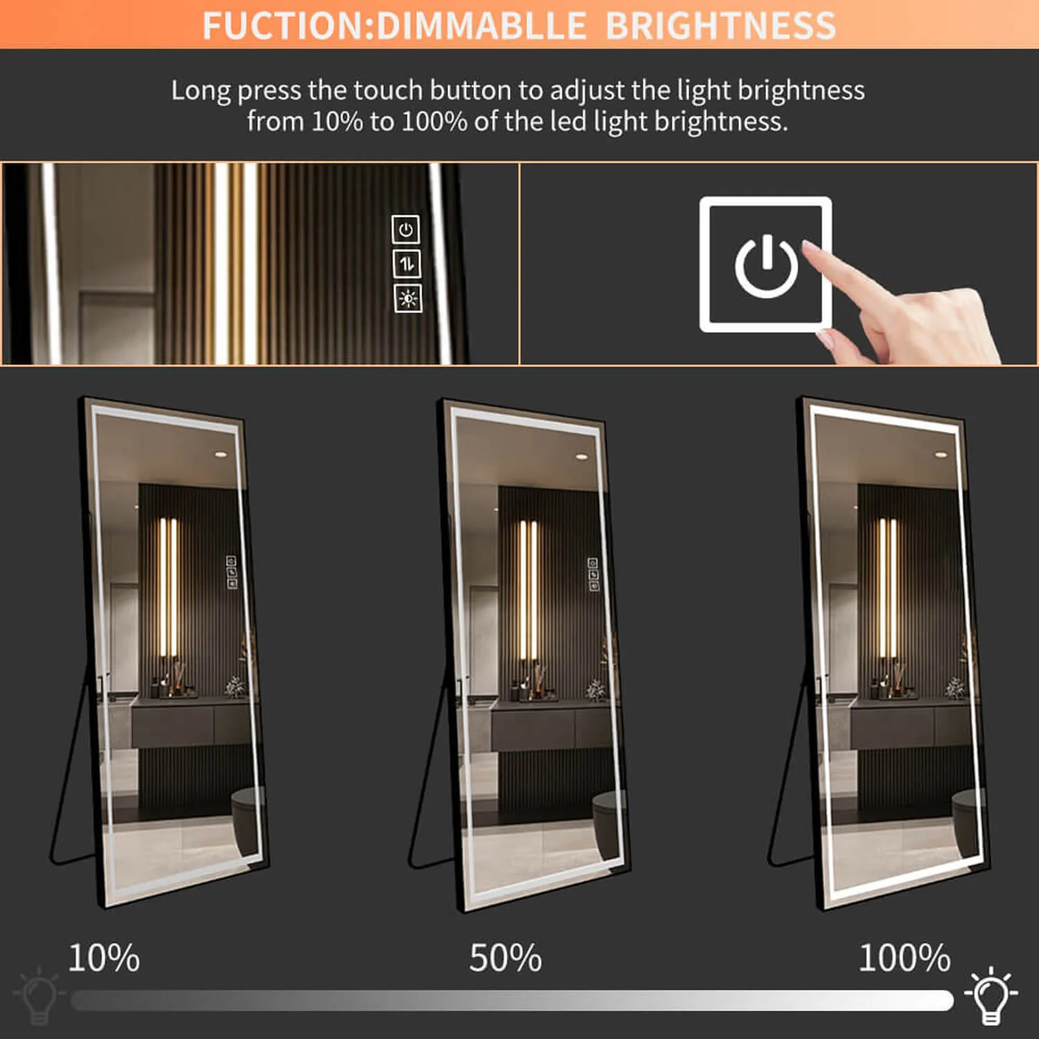 65"x21" Full Length LED Mirror with Stand, 3-Color Dimmable Lights - Image 5