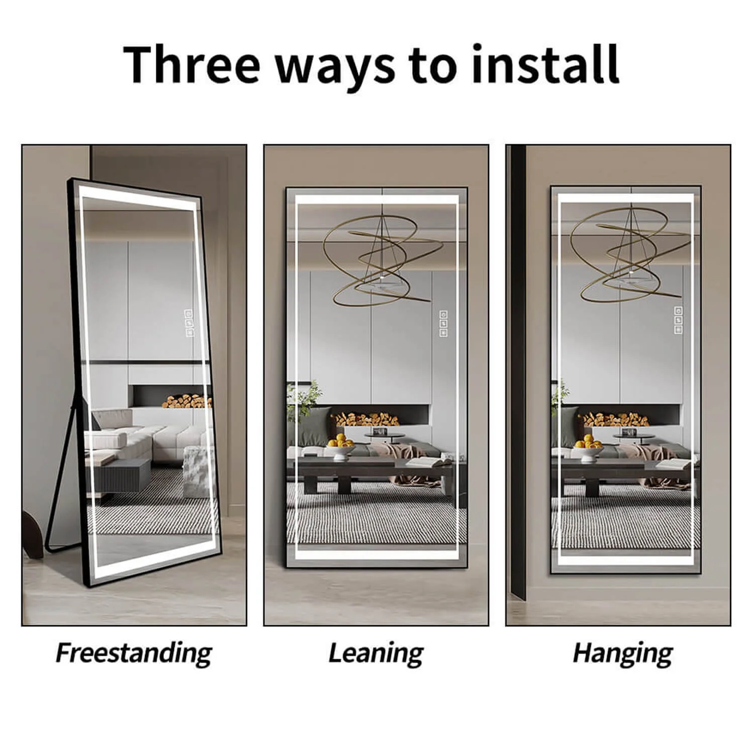 65"x21" Full Length LED Mirror with Stand, 3-Color Dimmable Lights - Image 6