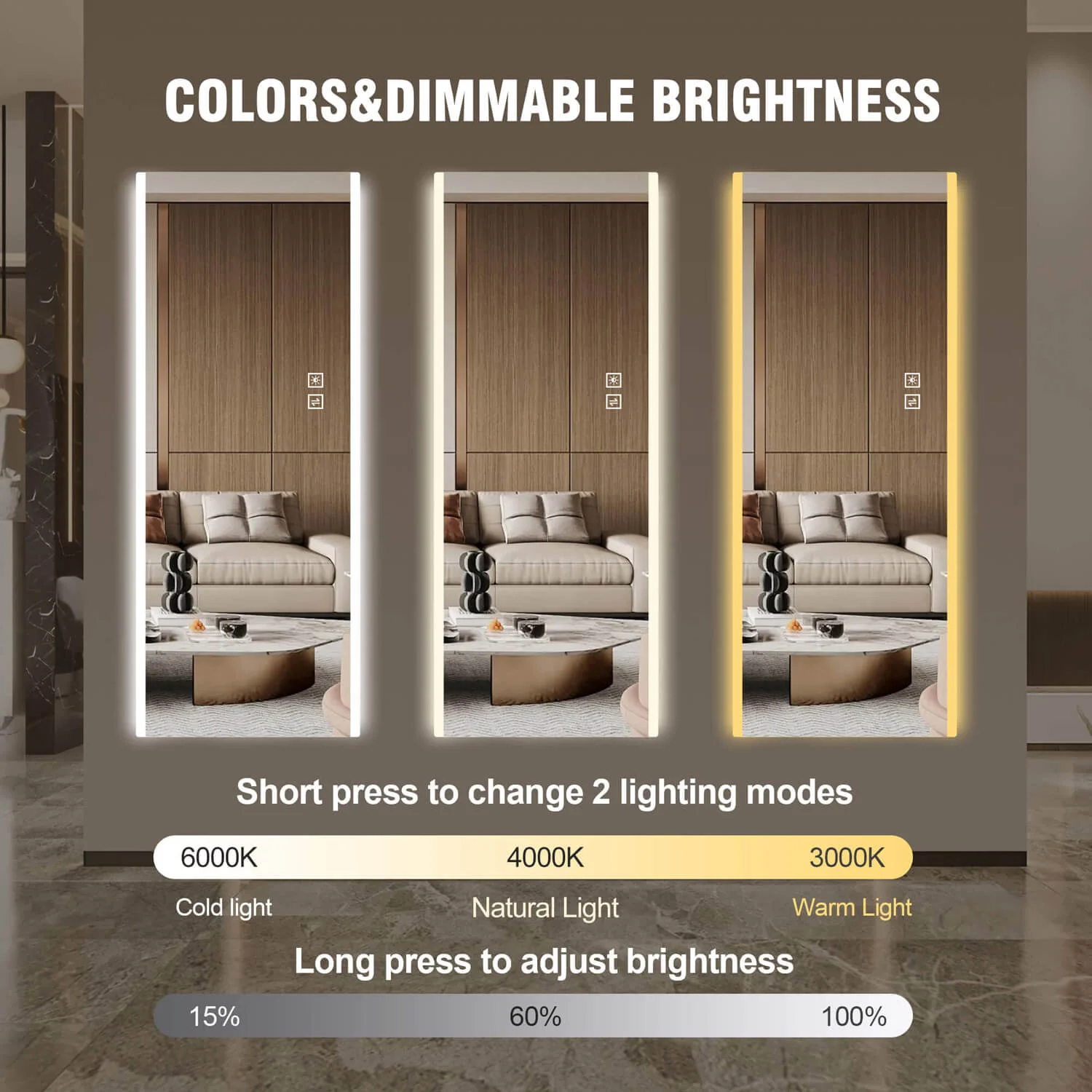 65"x21" Full Length LED Wall Mirror, Dimmable Color-Changing Lights, Frameless - Image 7