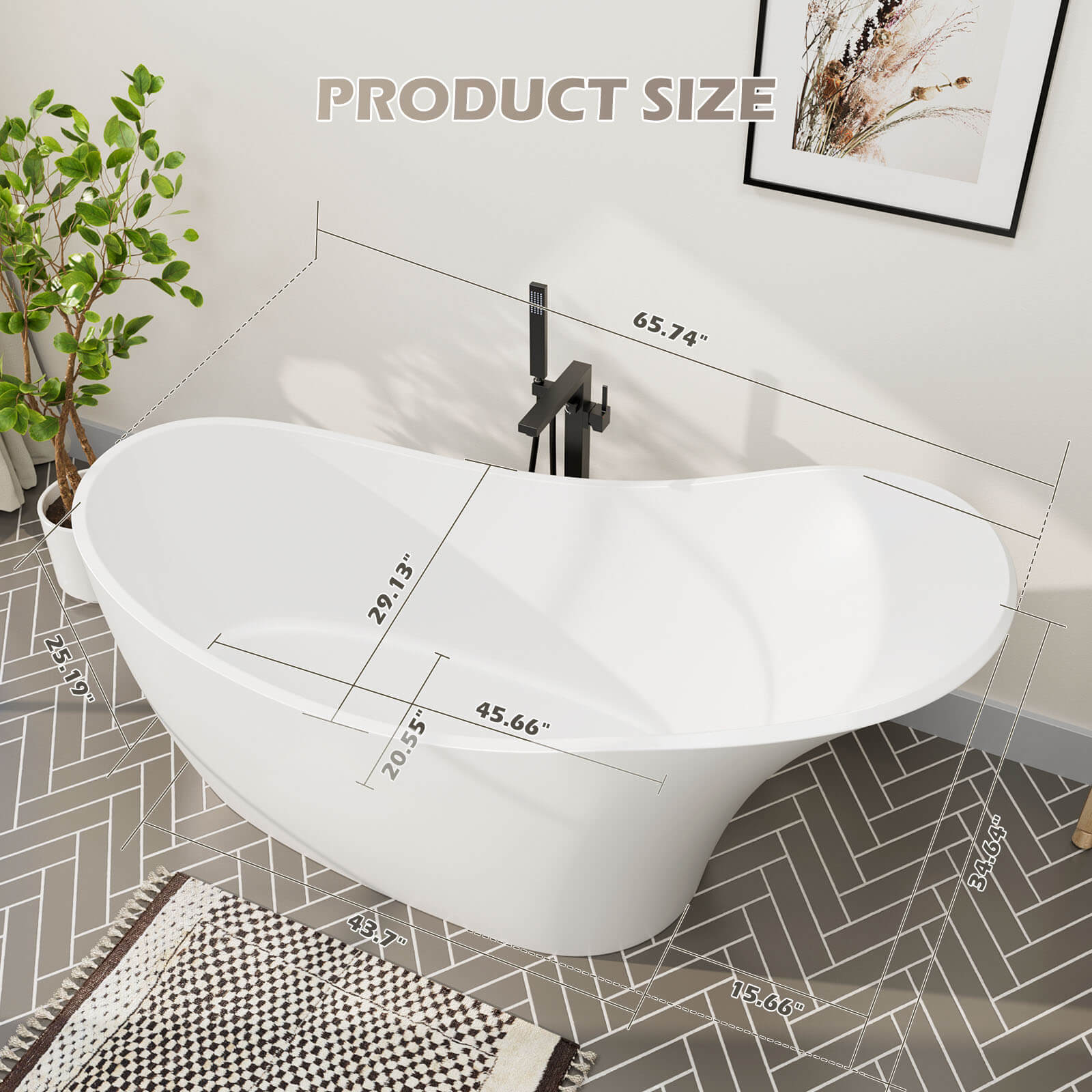66" Stone Resin Single Slipper Bathtub Freestanding Soaking Tub with Backrest - Image 11