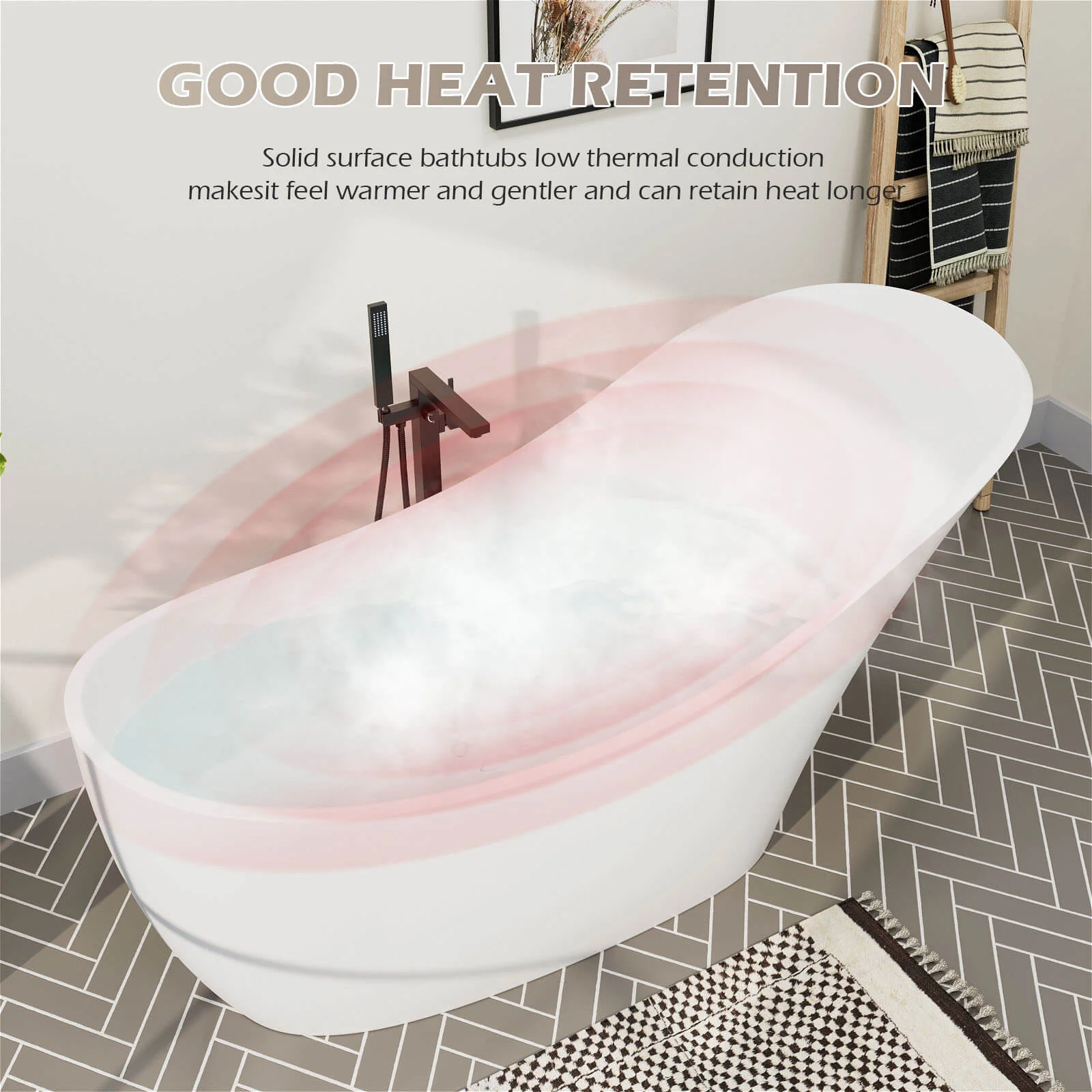 66" Stone Resin Single Slipper Bathtub Freestanding Soaking Tub with Backrest - Image 12