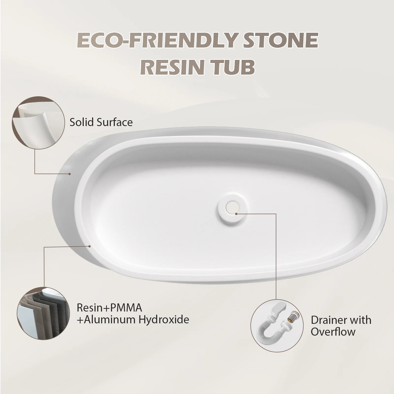 66" Stone Resin Single Slipper Bathtub Freestanding Soaking Tub with Backrest - Image 13