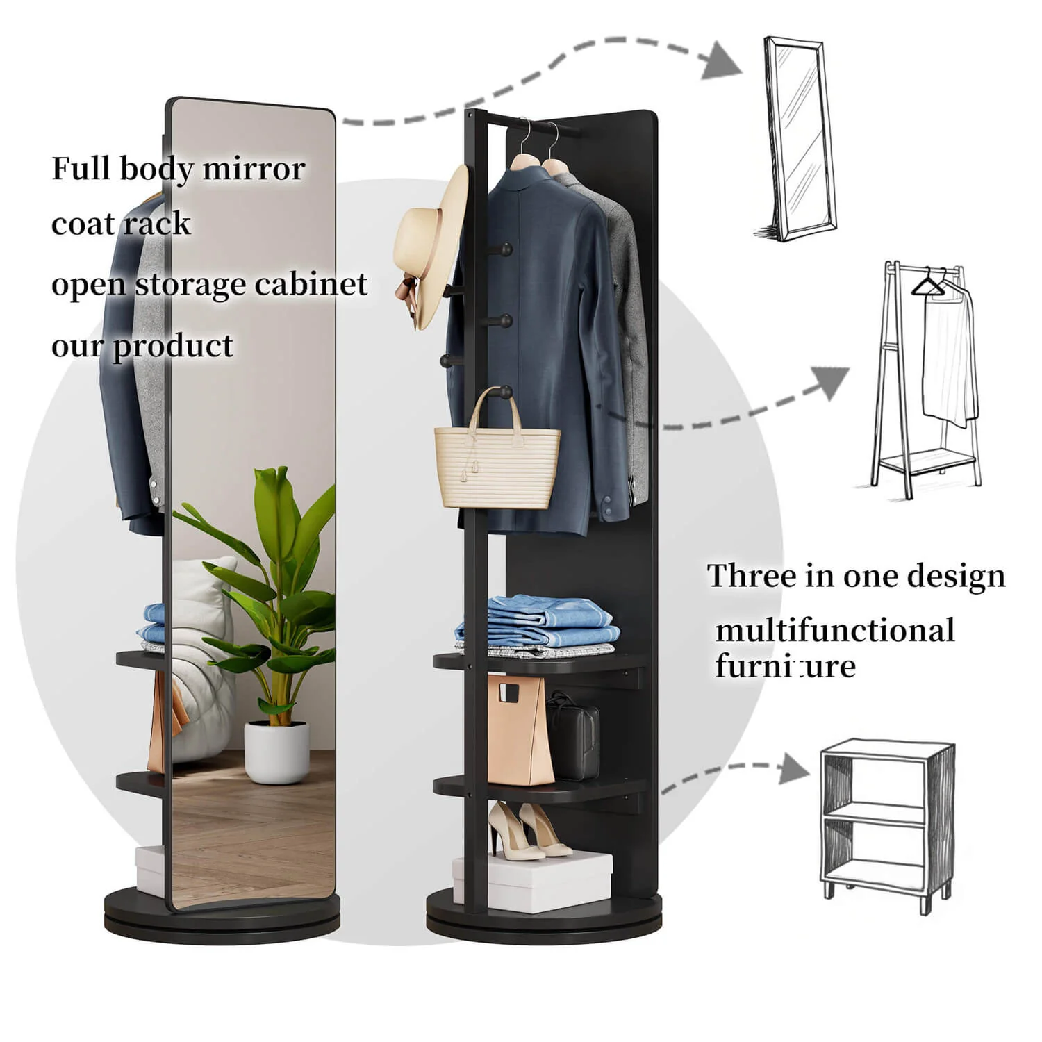 66"x14" Black 360° Rotating Full Length Mirror with Hooks, Solid Wood Coat Rack - Image 5