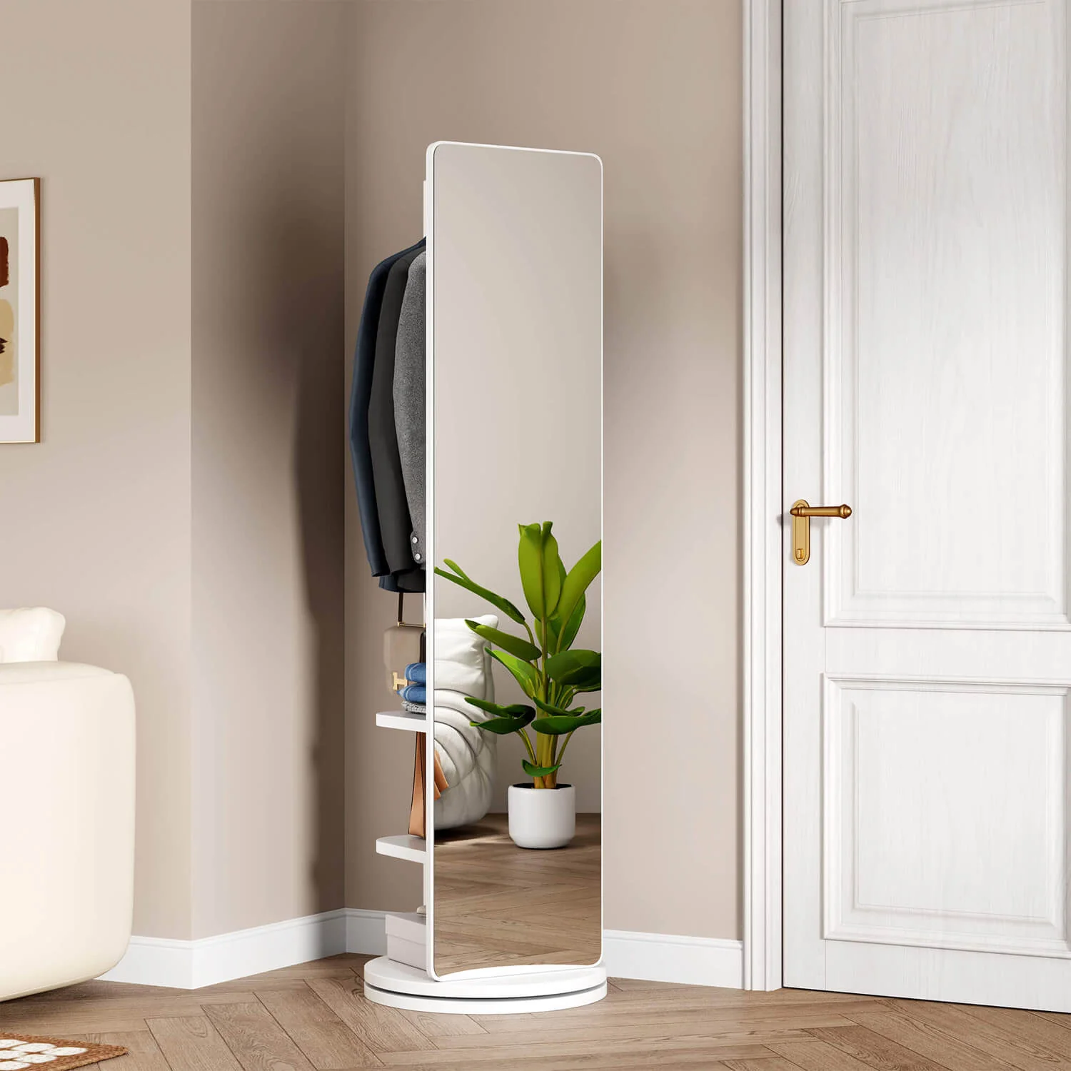66"x14" White 360° Rotating Full Length Mirror with Hooks, Solid Wood Coat Rack - Image 2