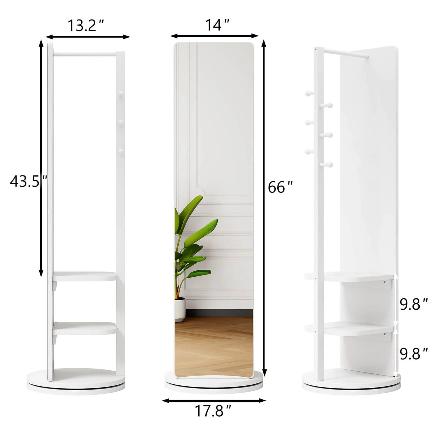 66"x14" White 360° Rotating Full Length Mirror with Hooks, Solid Wood Coat Rack - Image 4